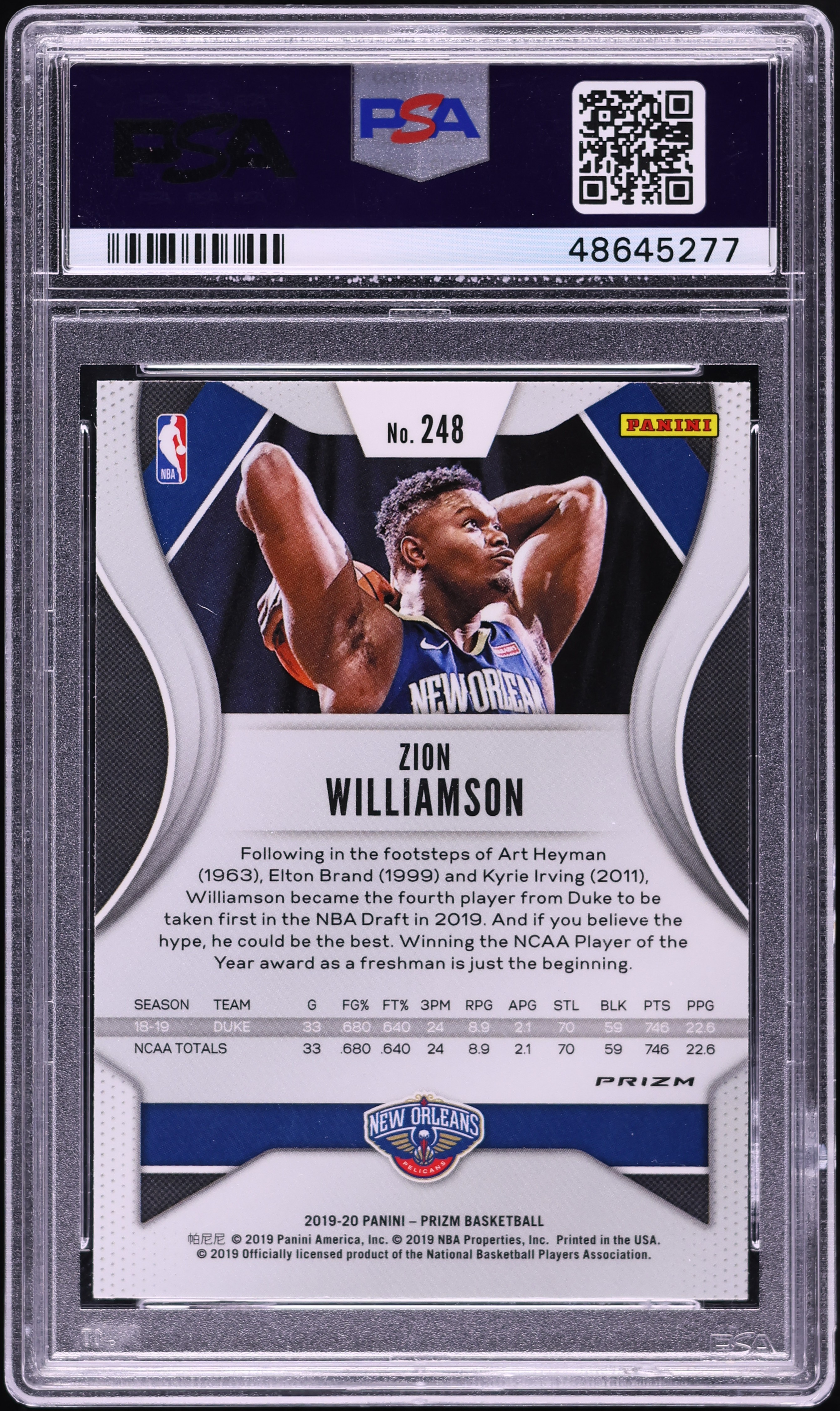 2019 Panini Prizm Red White Blue Zion Williamson ROOKIE #248 PSA 9