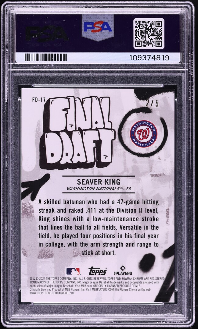 2024 Bowman Chrome Final Draft Red Refractor Seaver King PROSPECT /5 PSA 10 GEM