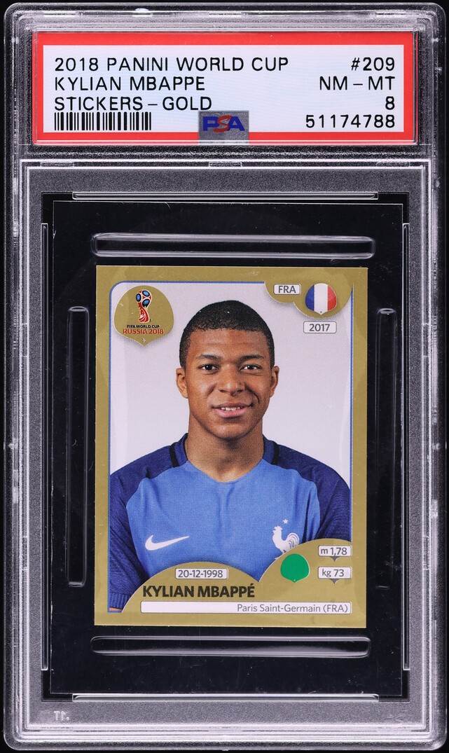 2018 Panini World Cup Stickers Gold Kylian Mbappe ROOKIE #209 PSA 8 NM-MT