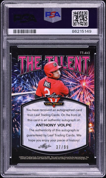 2019 Leaf Valiant The Talent Green Anthony Volpe ROOKIE AUTO /99