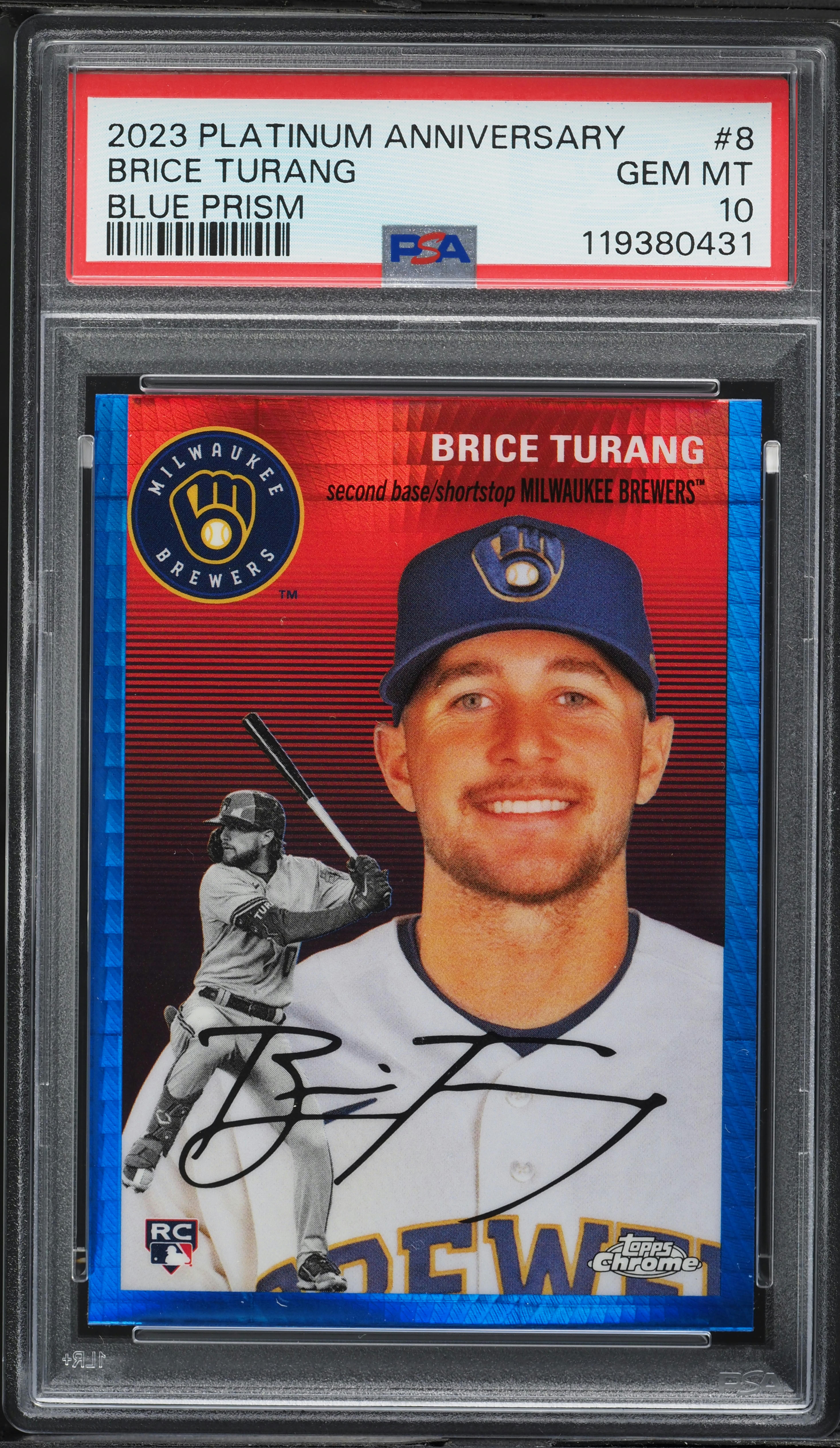 2023 Topps Chrome Platinum Blue Prism Brice Turang ROOKIE #8 PSA