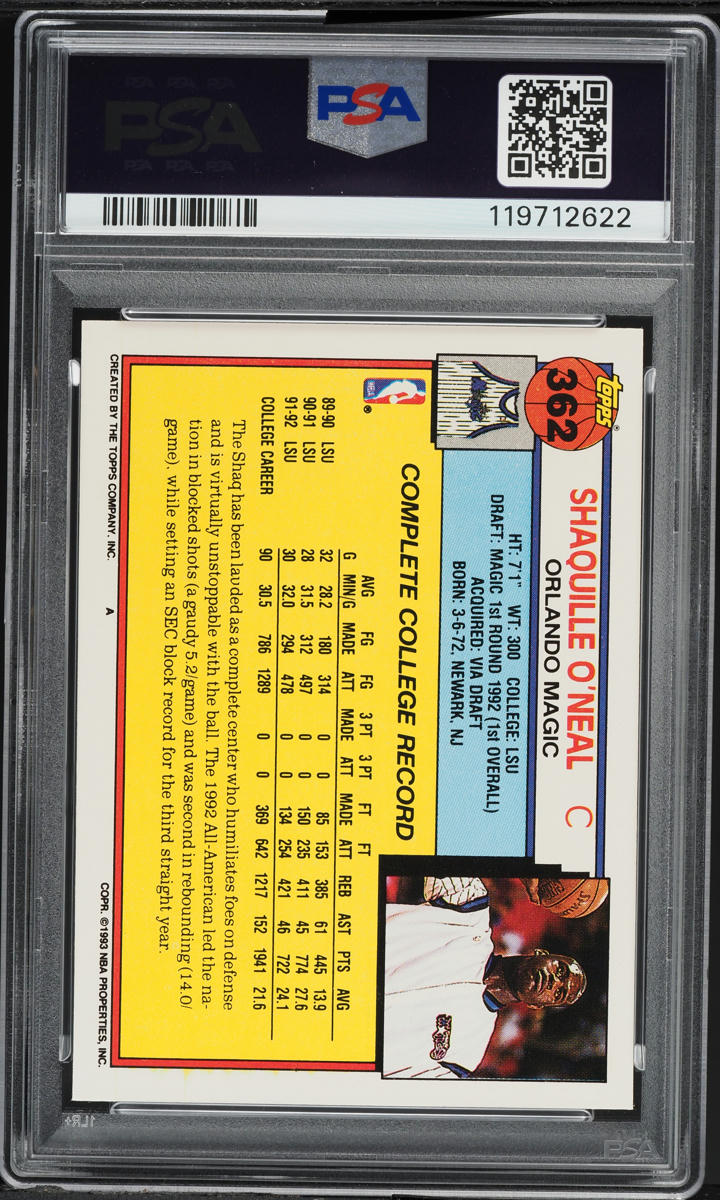 1992 Topps Basketball Shaquille O'Neal ROOKIE #362 PSA 9 MINT