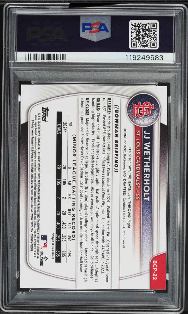 2025 Bowman Chrome JJ Wetherholt PROSPECT #BCP22 PSA 9 MINT
