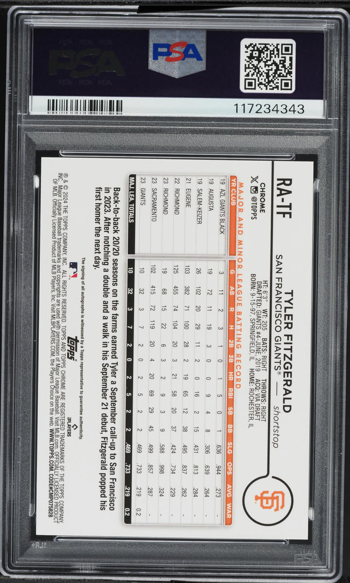 2024 Topps Chrome Aqua Wave Tyler Fitzgerald ROOKIE AUTO /199 #RA-TF PSA 10 GEM