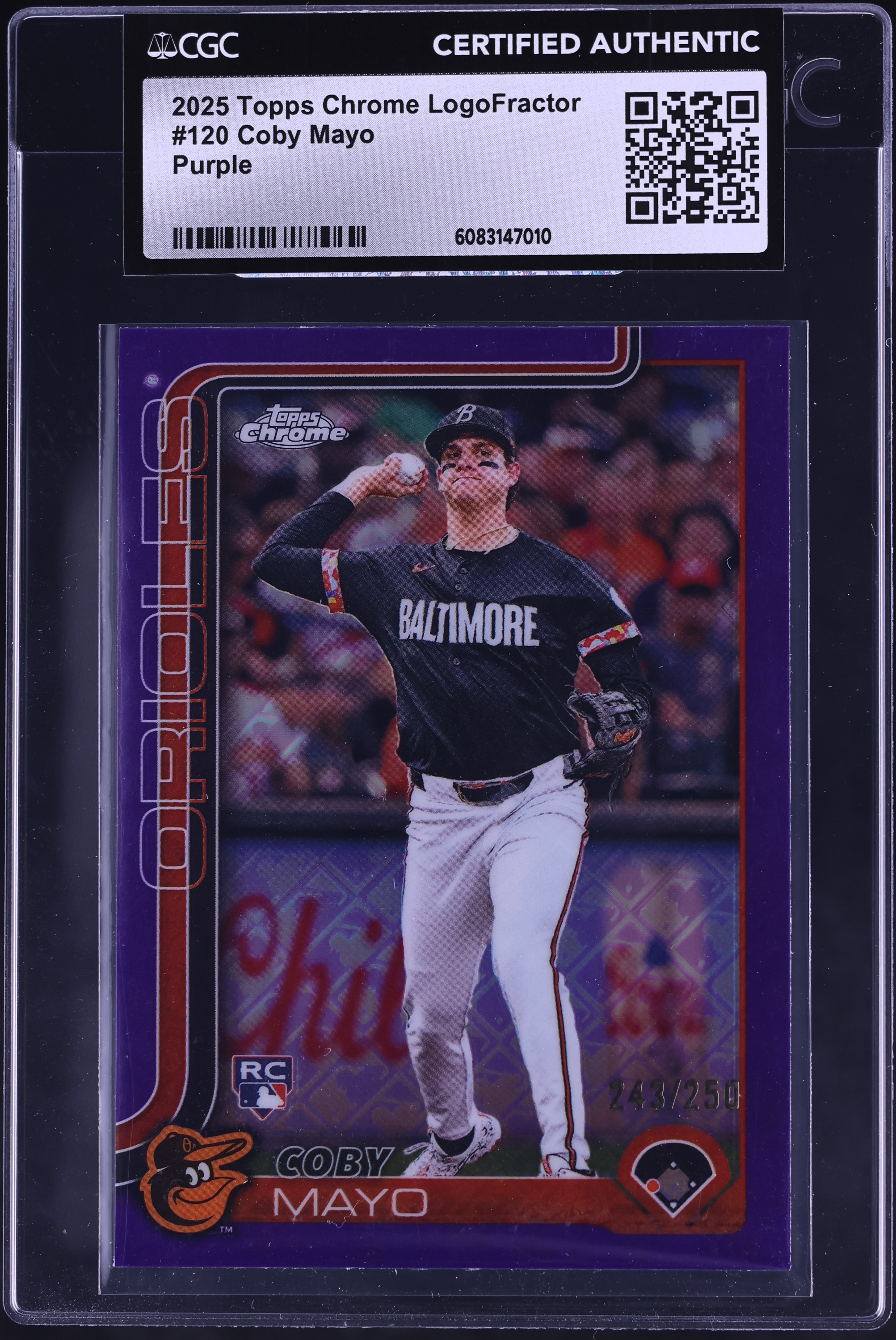2025 Topps Chrome LogoFractor Purple Coby Mayo ROOKIE /250 #120