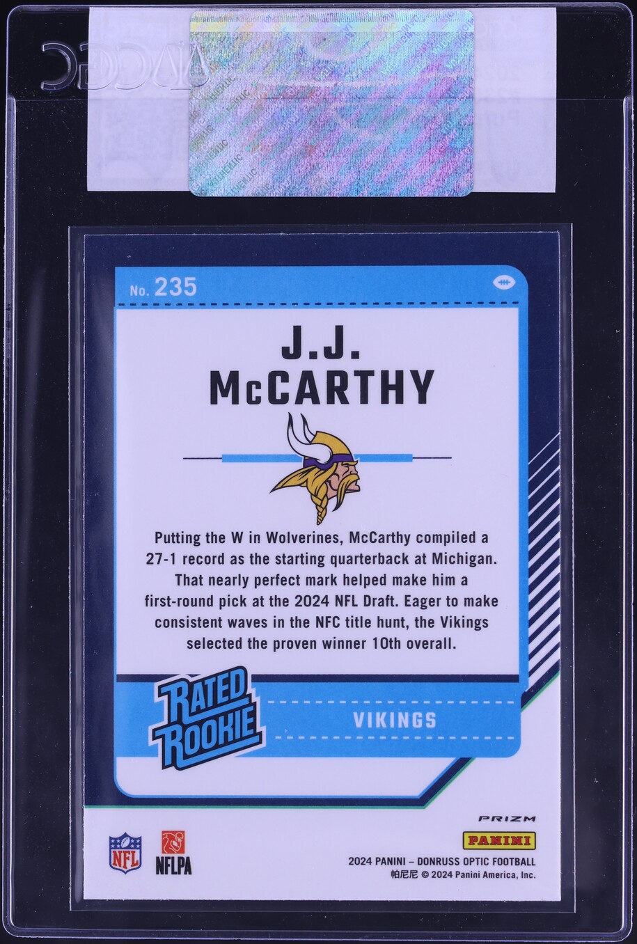 2024 Donruss Optic Purple Shock JJ McCarthy ROOKIE #235 CGC AUTH