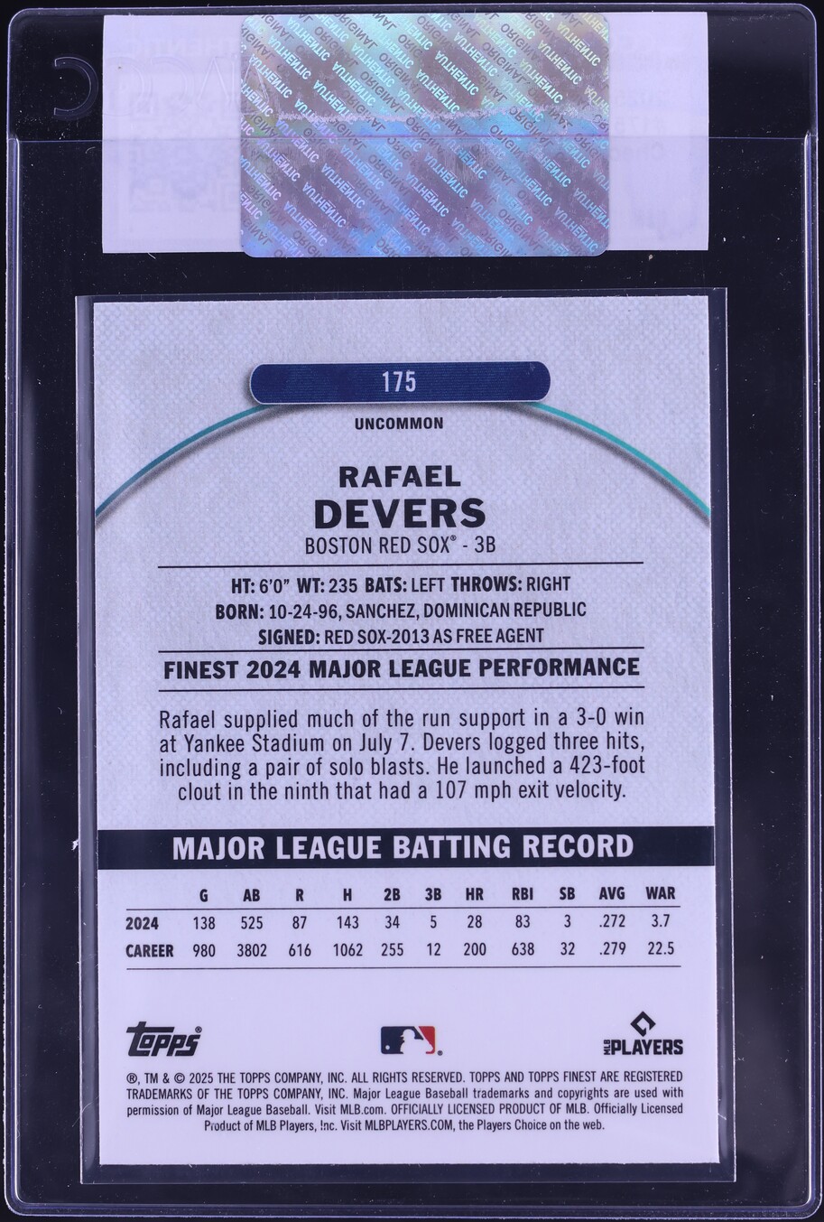 2025 Finest Checkerboard Refractor Rafael Devers #175 CGC AUTH
