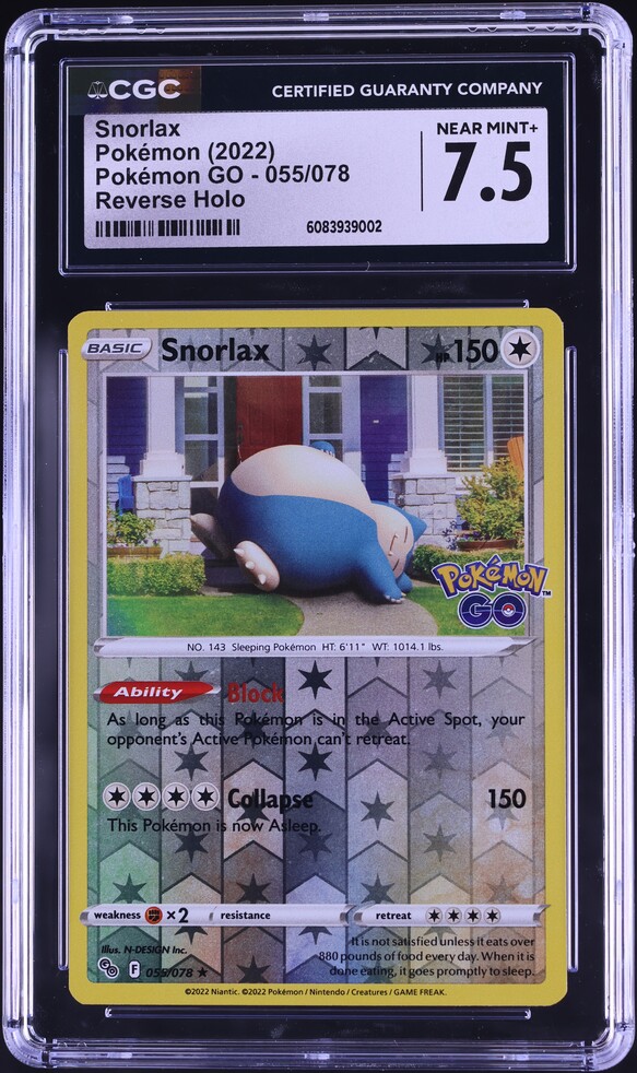 2022 Pokemon Sword & Shield Pokemon GO Reverse Holo Snorlax #55 CGC 7.5 NRMT+