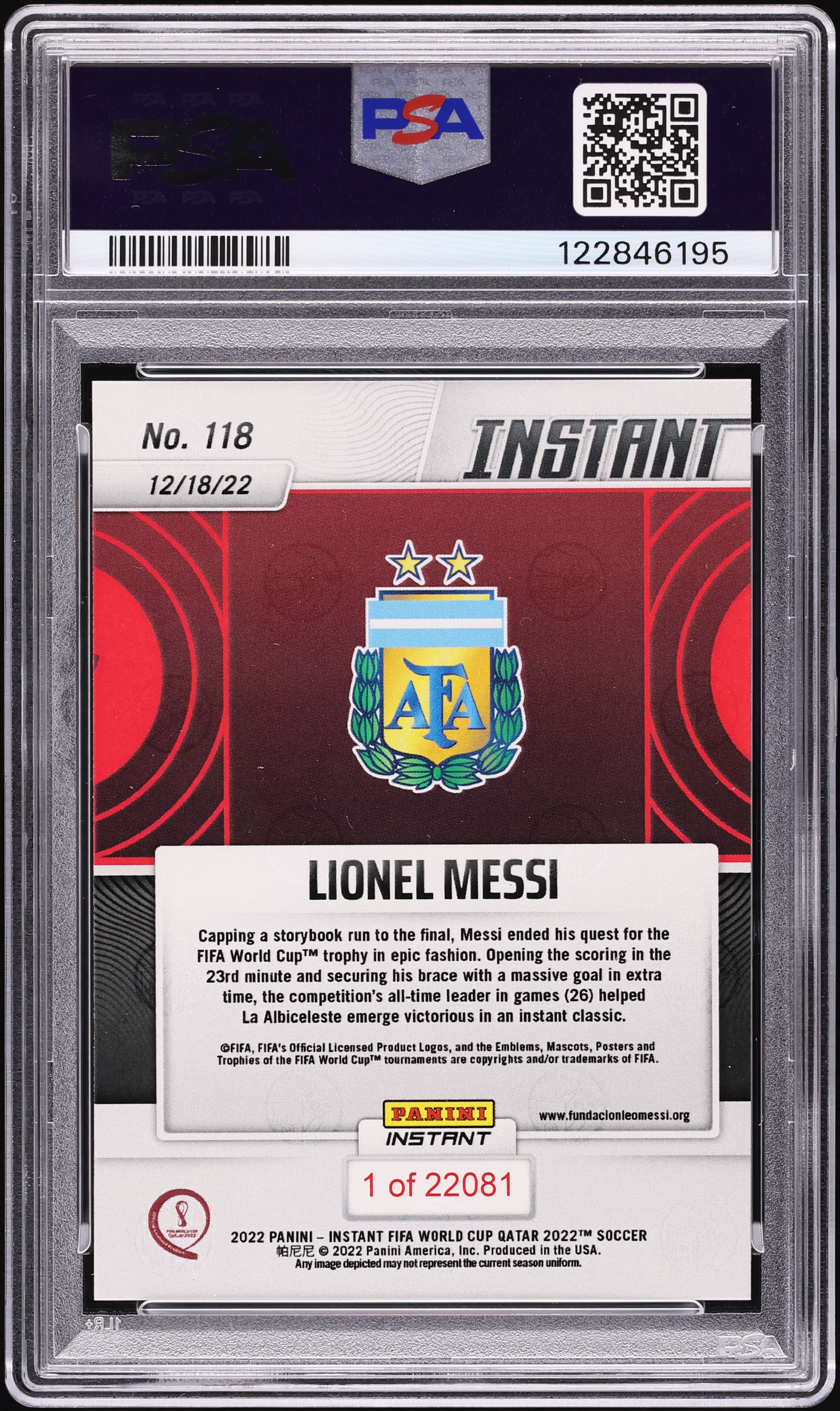 2022 Panini Instant FIFA World Cup Qatar Lionel Messi /22081 #118