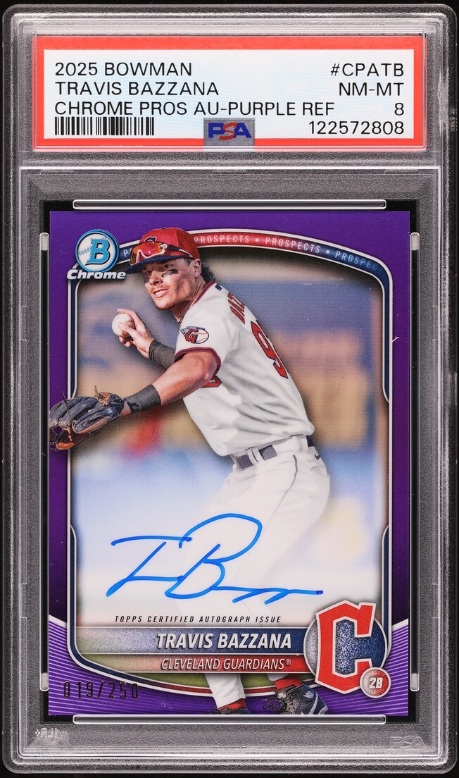 2025 Bowman Chrome Purple Refractor Travis Bazzana PROSPECT AUTO /250 #CPA-TB PSA 8