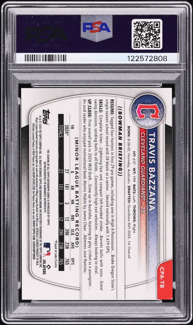 2025 Bowman Chrome Purple Refractor Travis Bazzana PROSPECT AUTO /250 #CPA-TB PSA 8