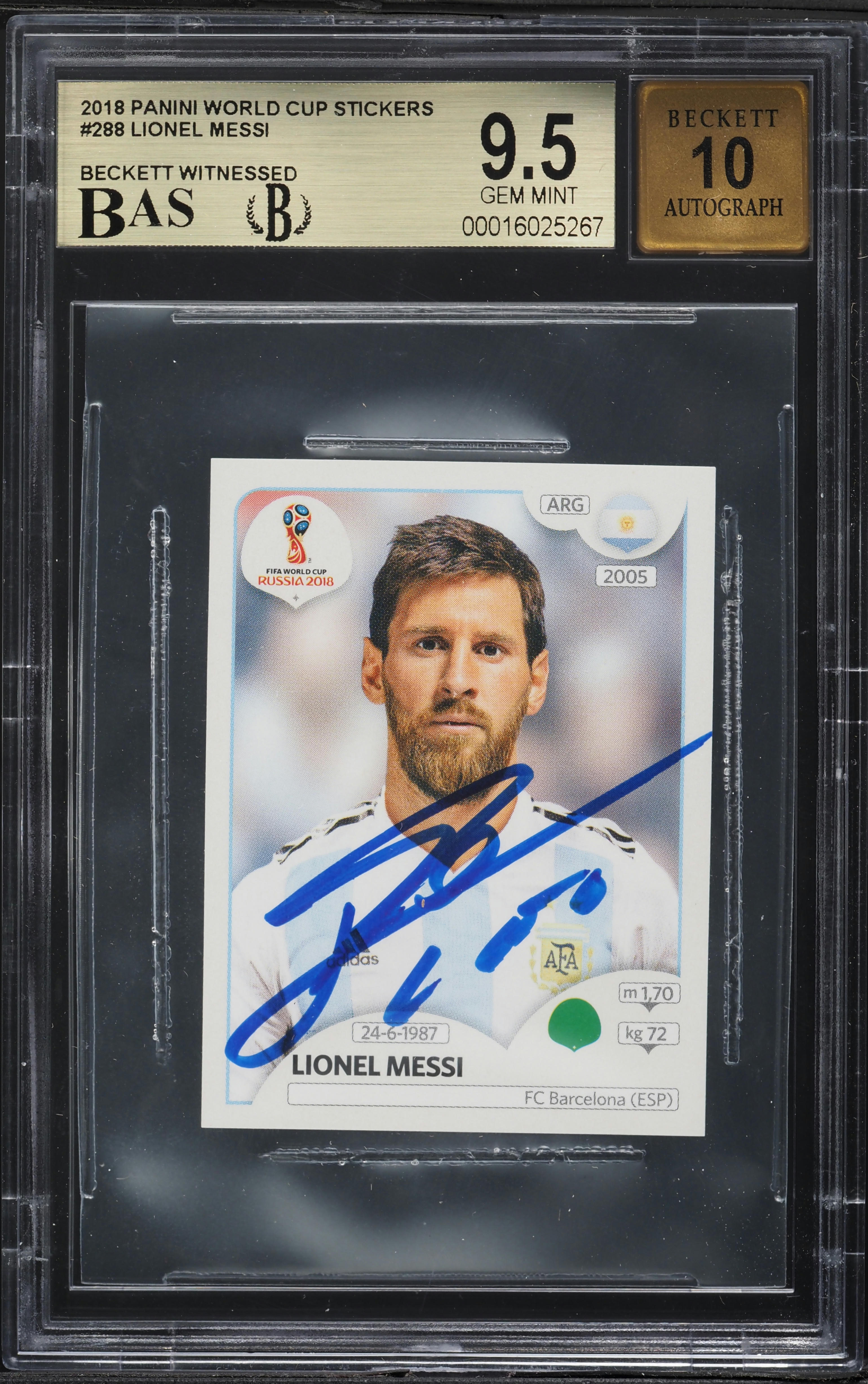 2018 Panini World Cup Stickers Lionel Messi AUTO #288 BAS BGS 9.5