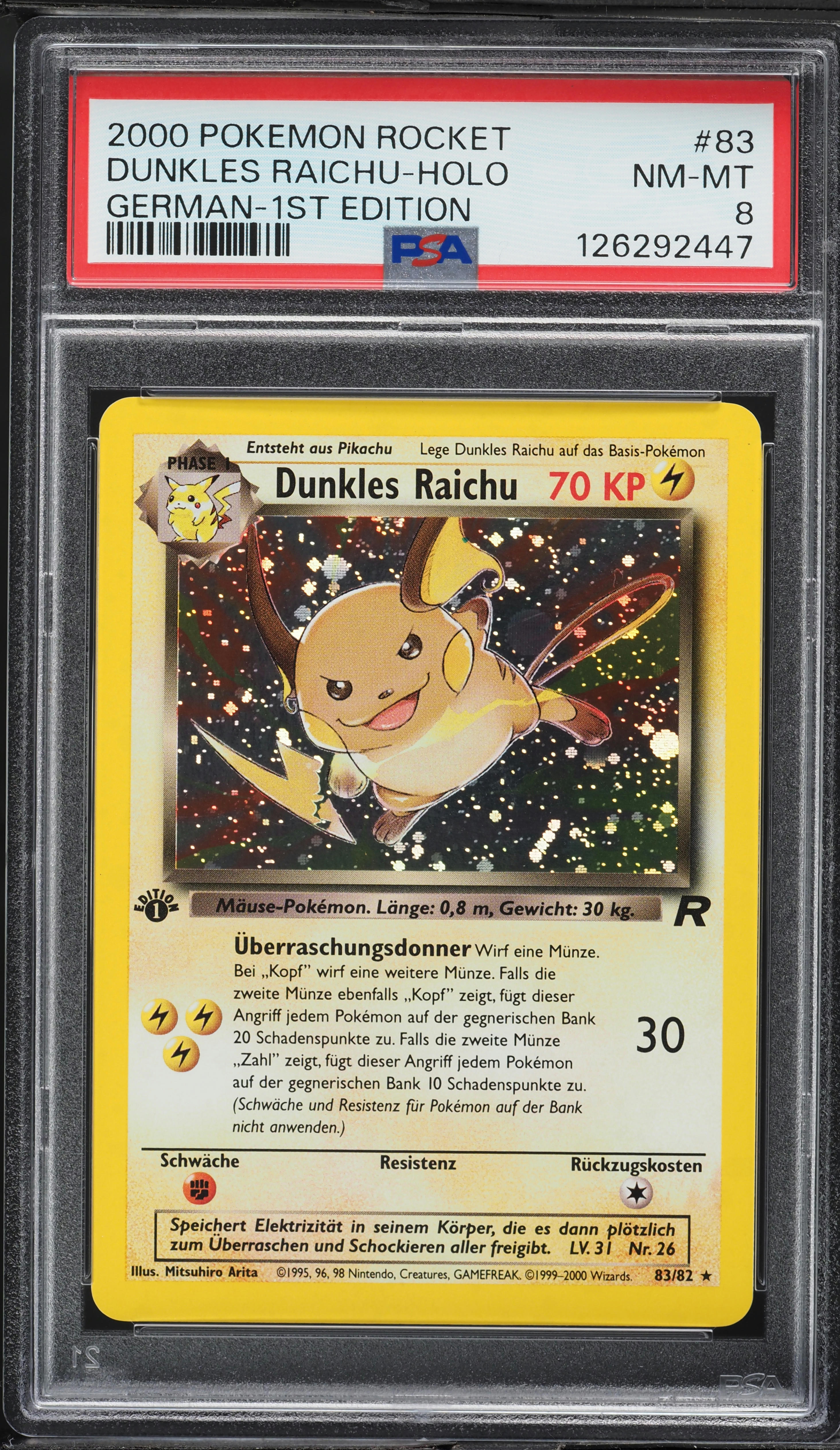 2000 Pokemon German Rocket 1st Edition Holo Dark Raichu #83 PSA 8