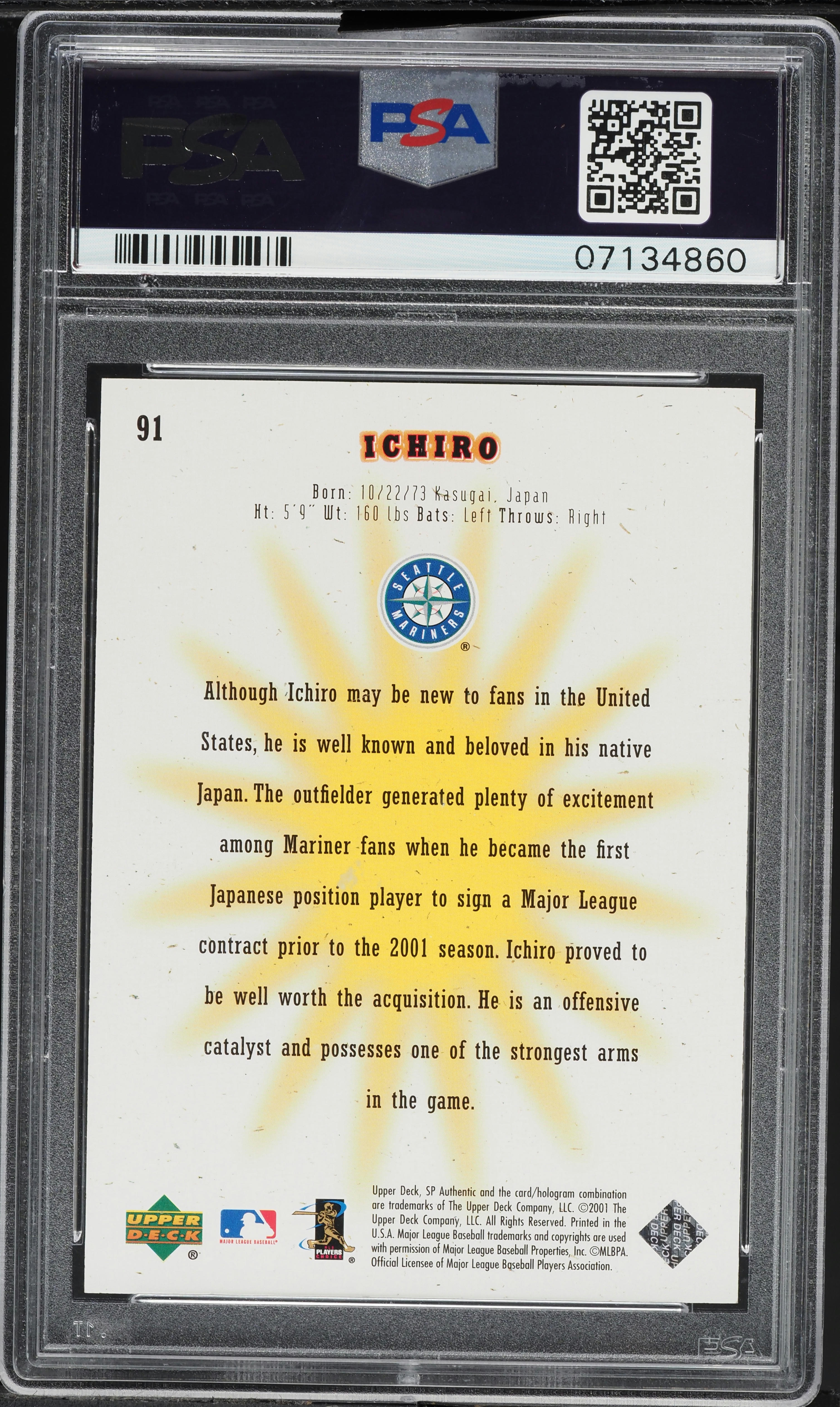 2001 SP Authentic Ichiro Suzuki ROOKIE /1250 #91 PSA 10 GEM MINT