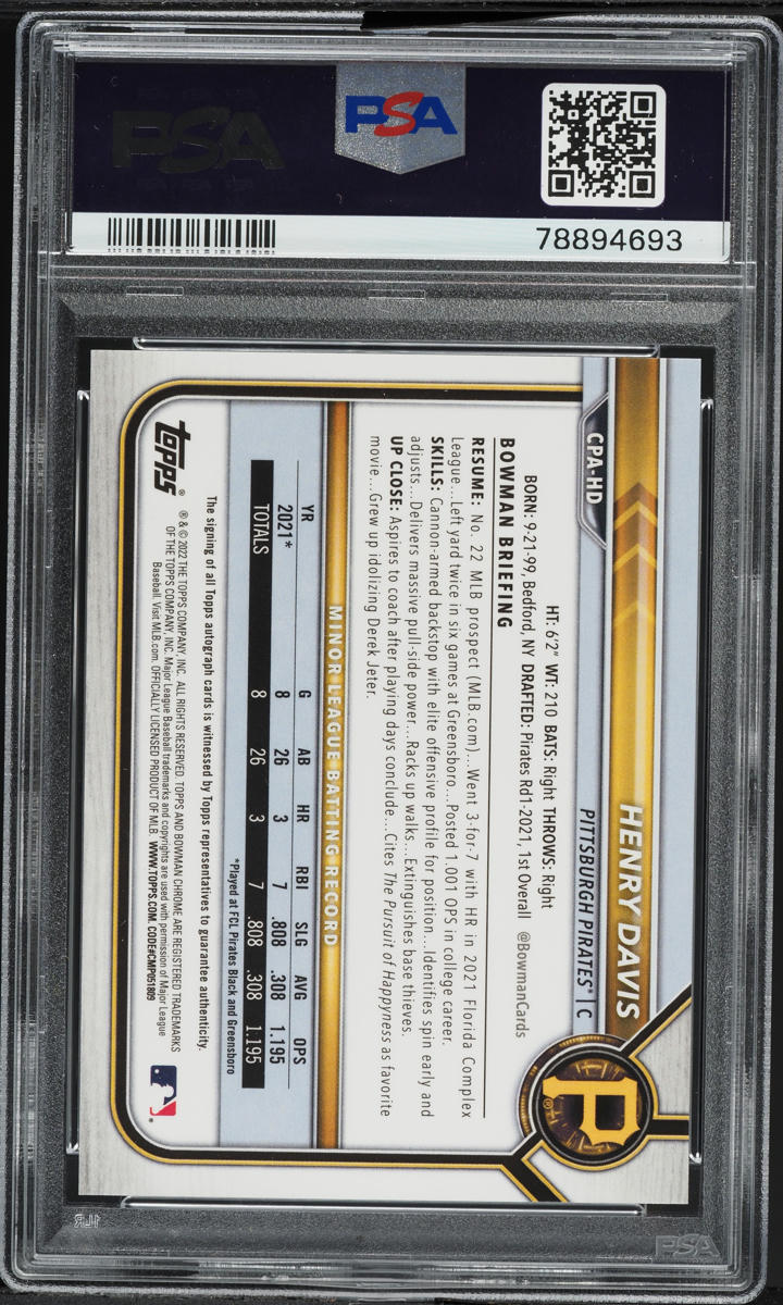 2022 Bowman Chrome Blue Ref. Henry Davis PROSPECT AUTO /150 #CPAHD PSA 9 MINT