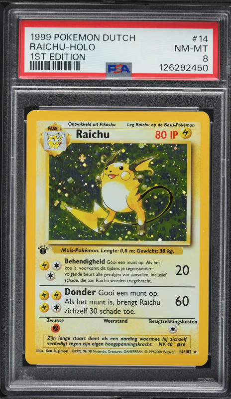 1999 Pokemon Dutch Base Set 1st Edition Holo Raichu #14 PSA 8 NM-MT 1999 Pokemon Dutch Base Set 1st Edition Holo Raichu #14 PSA 8 NM-MT