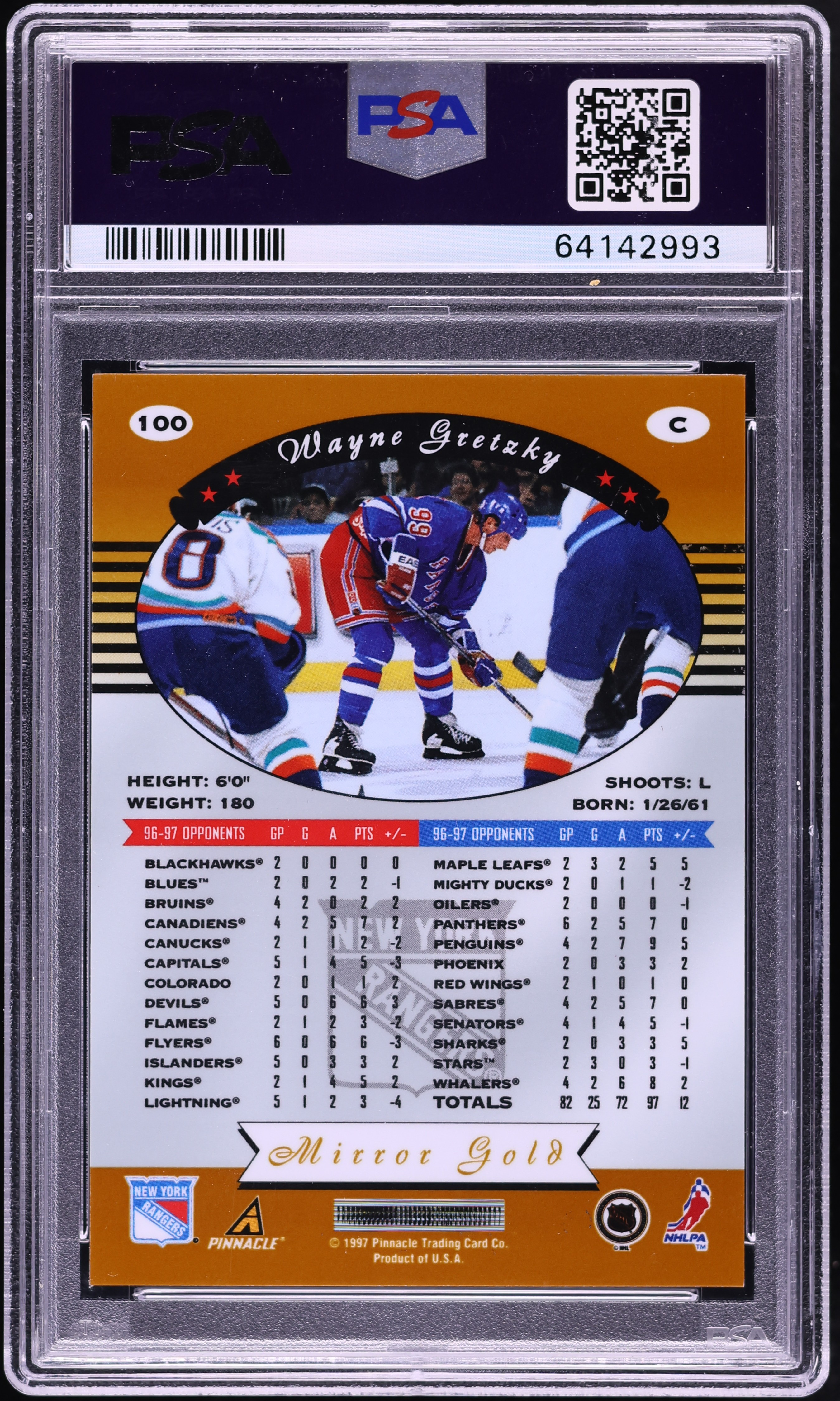 1997 Pinnacle Certified Mirror Gold w/ Coating Wayne Gretzky #100