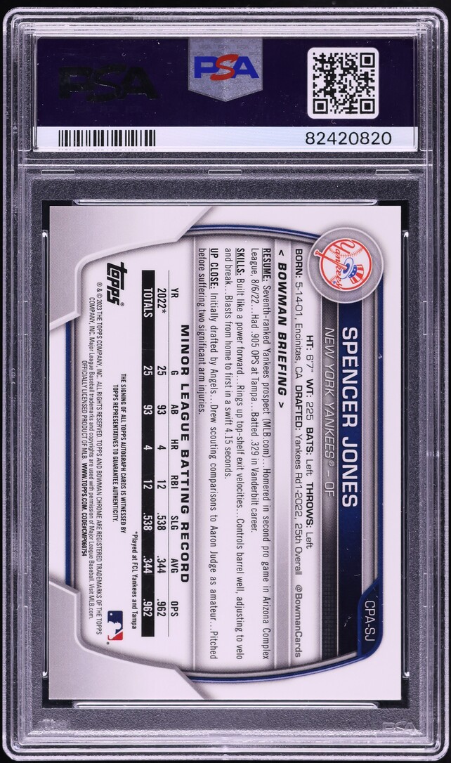 2023 Bowman Chrome Atomic Spencer Jones PROSPECT AUTO /100 PSA 10 GEM MINT