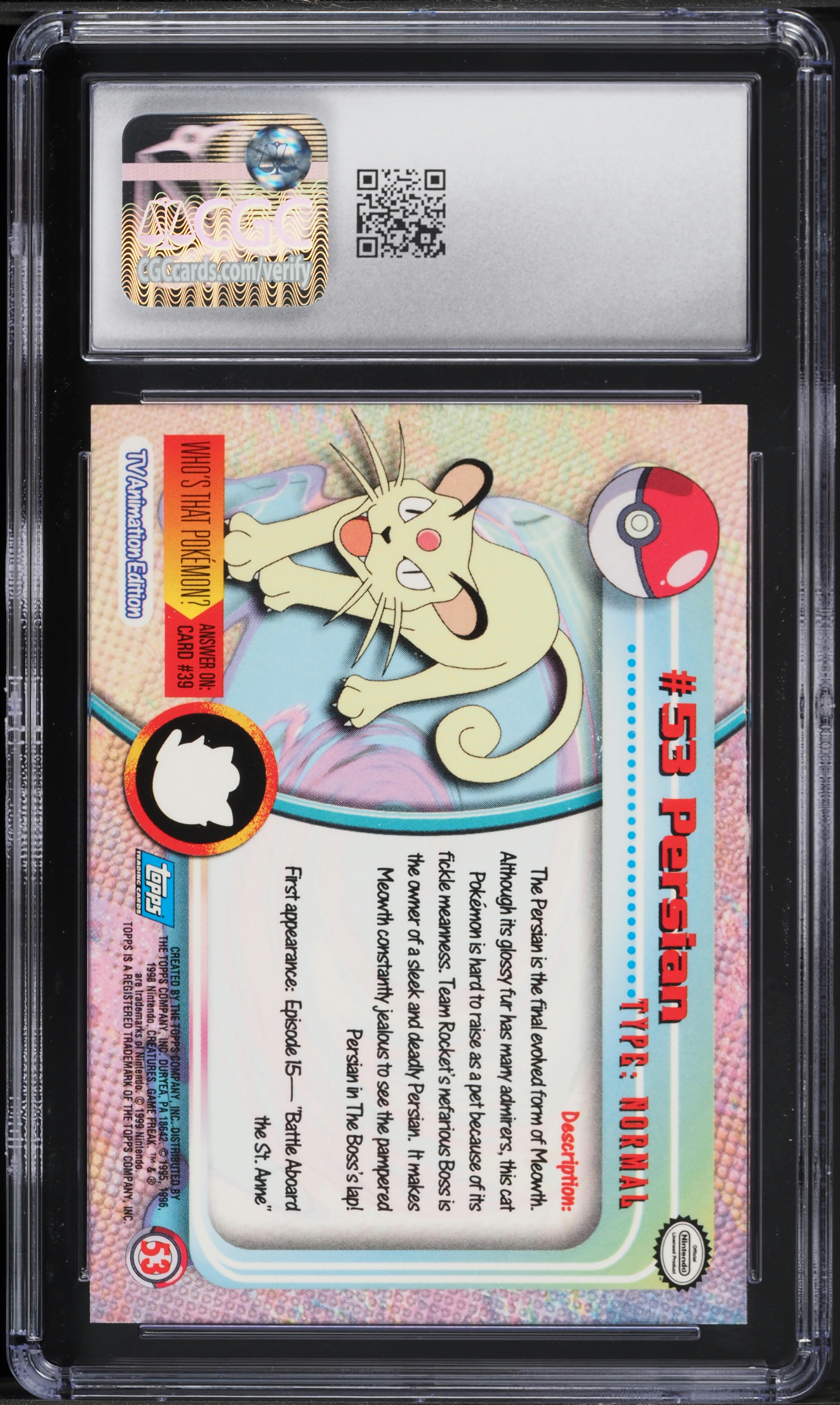 1999 Topps Pokemon Series 1 Rainbow Foil Persian #53 CGC 8.5 NM-MT+