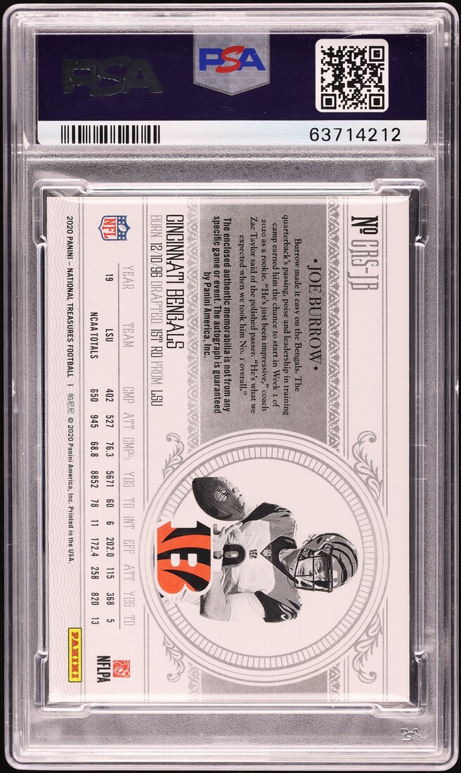 2020 National Treasures Joe Burrow ROOKIE PATCH AUTO DNA 10 /99 #CRS-JB PSA 8