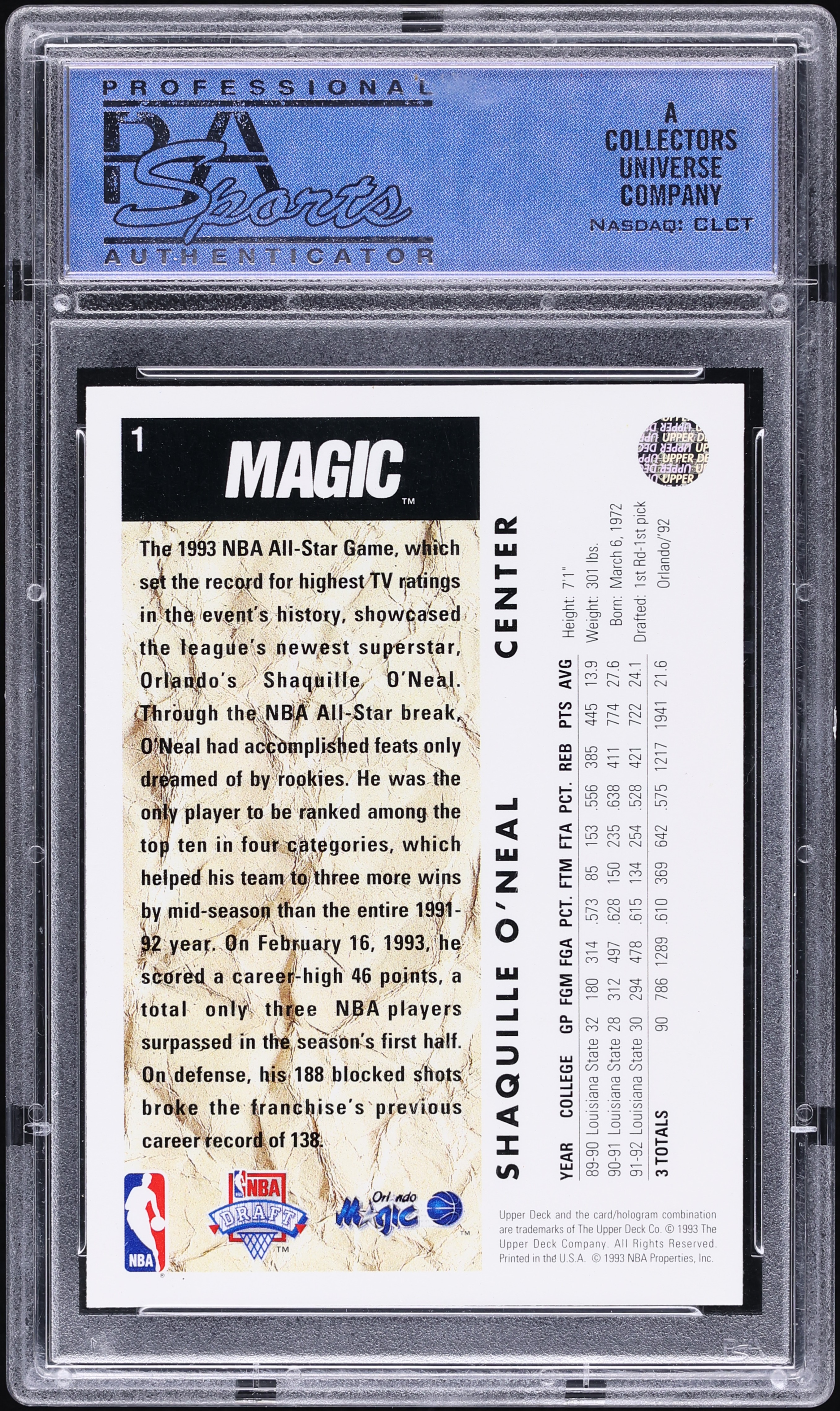 1992 Upper Deck Basketball Shaquille O'Neal ROOKIE #1 PSA 10 GEM