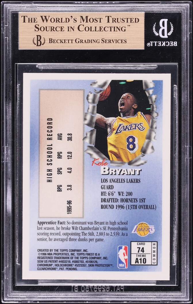 1996 Finest Basketball w/ Coating Kobe Bryant ROOKIE #74 BGS 10 PRISTINE