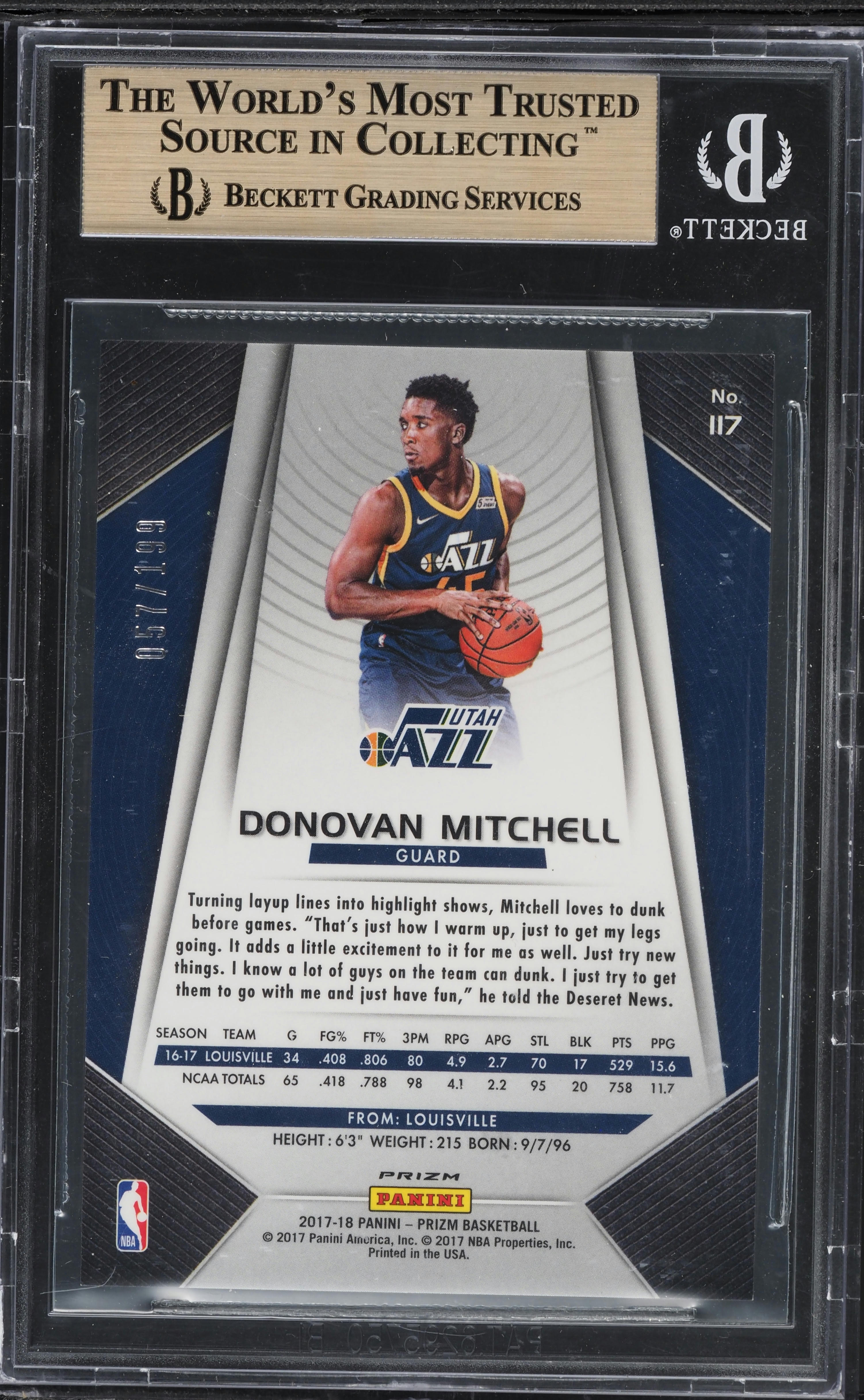 2017 Panini Prizm Blue Donovan Mitchell ROOKIE /199 #117 BGS 9.5