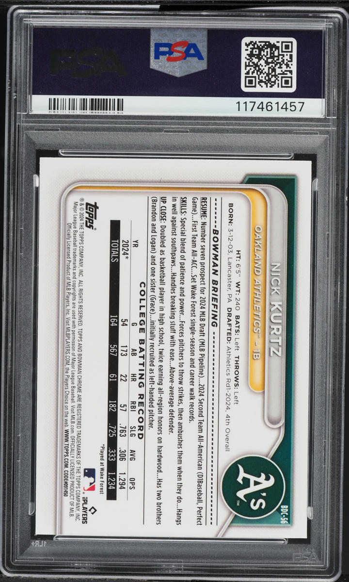 2024 Bowman Chrome Draft Nick Kurtz PROSPECT #BDC56 PSA 10 GEM MINT