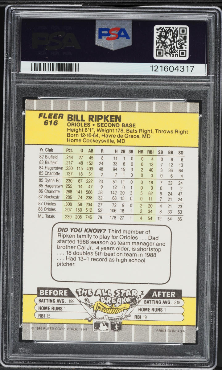 1989 Fleer Bill Ripken ROOKIE, BLACK SCRIBBLE #616 PSA 9 MINT