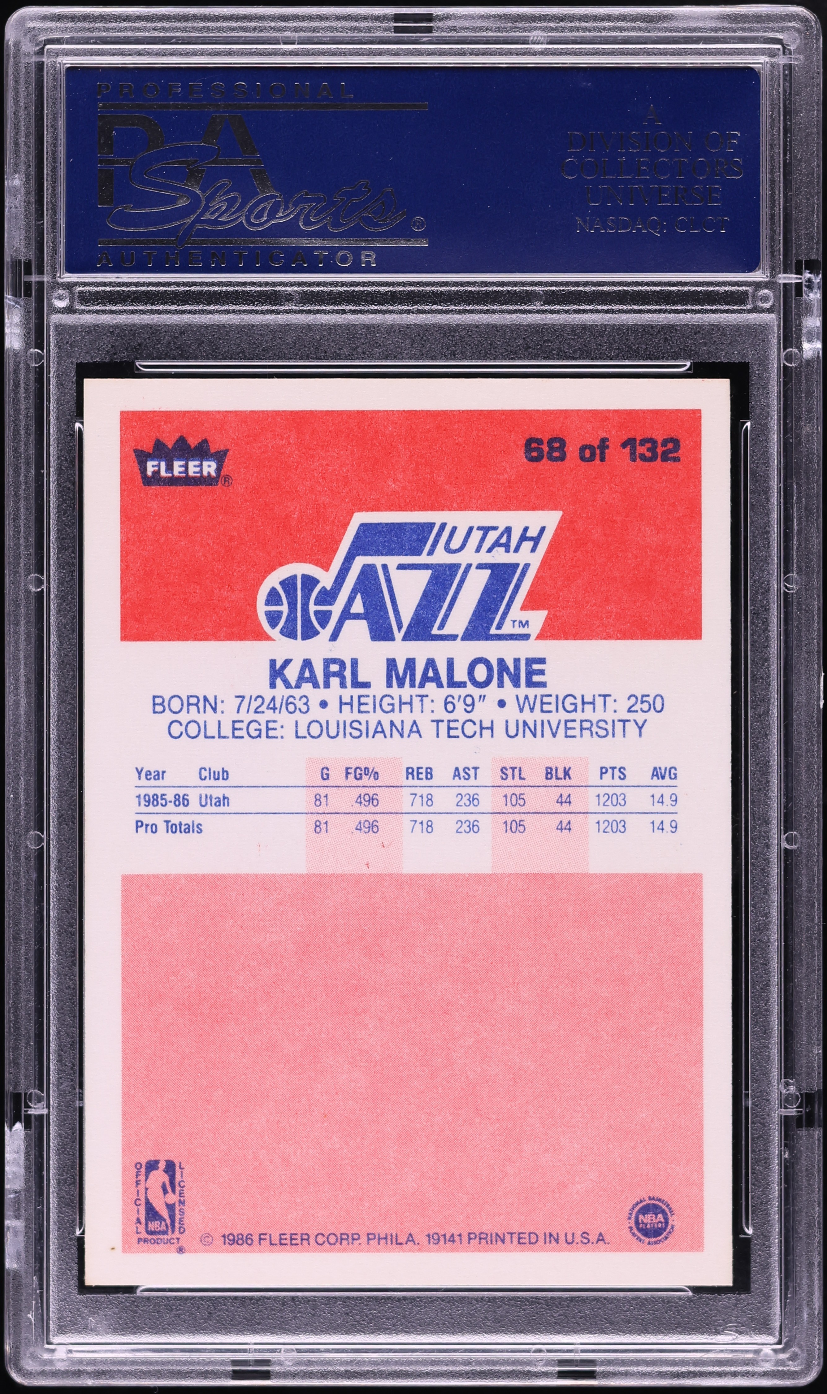 1986 Fleer Basketball Karl Malone ROOKIE #68 PSA 10 GEM MINT on