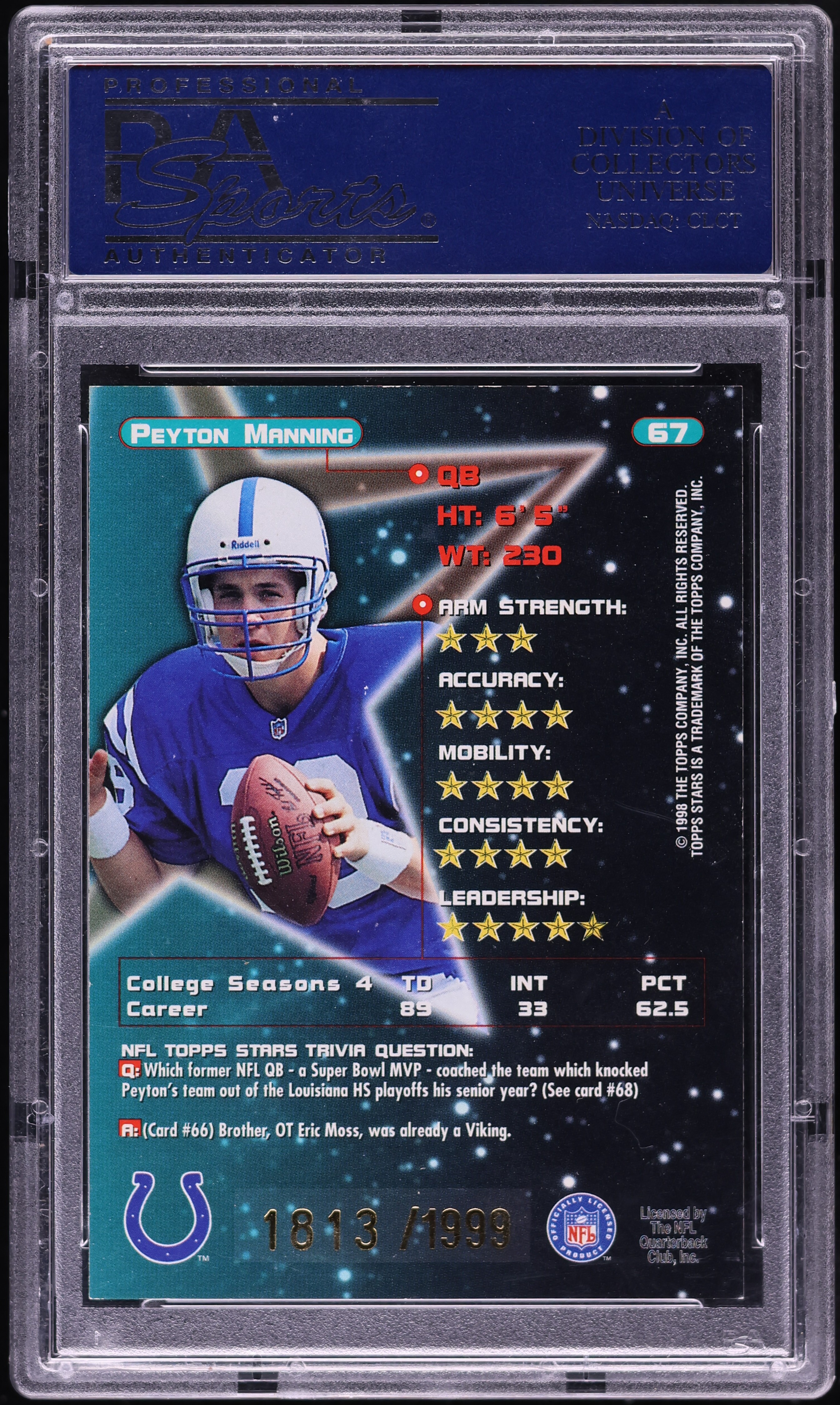 1998 Topps Stars Gold Peyton Manning ROOKIE /1999 #67 PSA 8 NM-MT