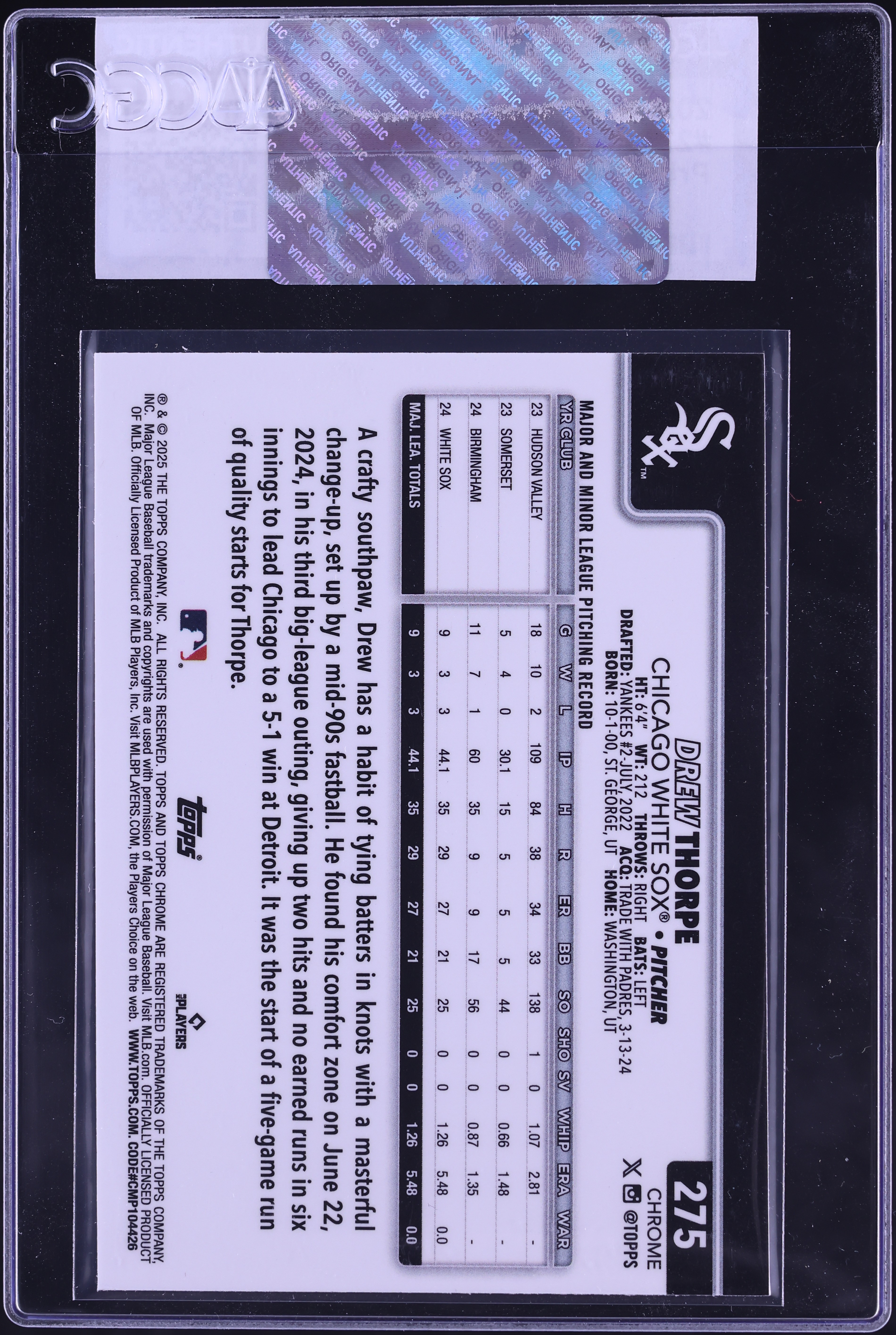 2025 Topps Chrome Prism Refractor Drew Thorpe ROOKIE #275 CGC AUTH 