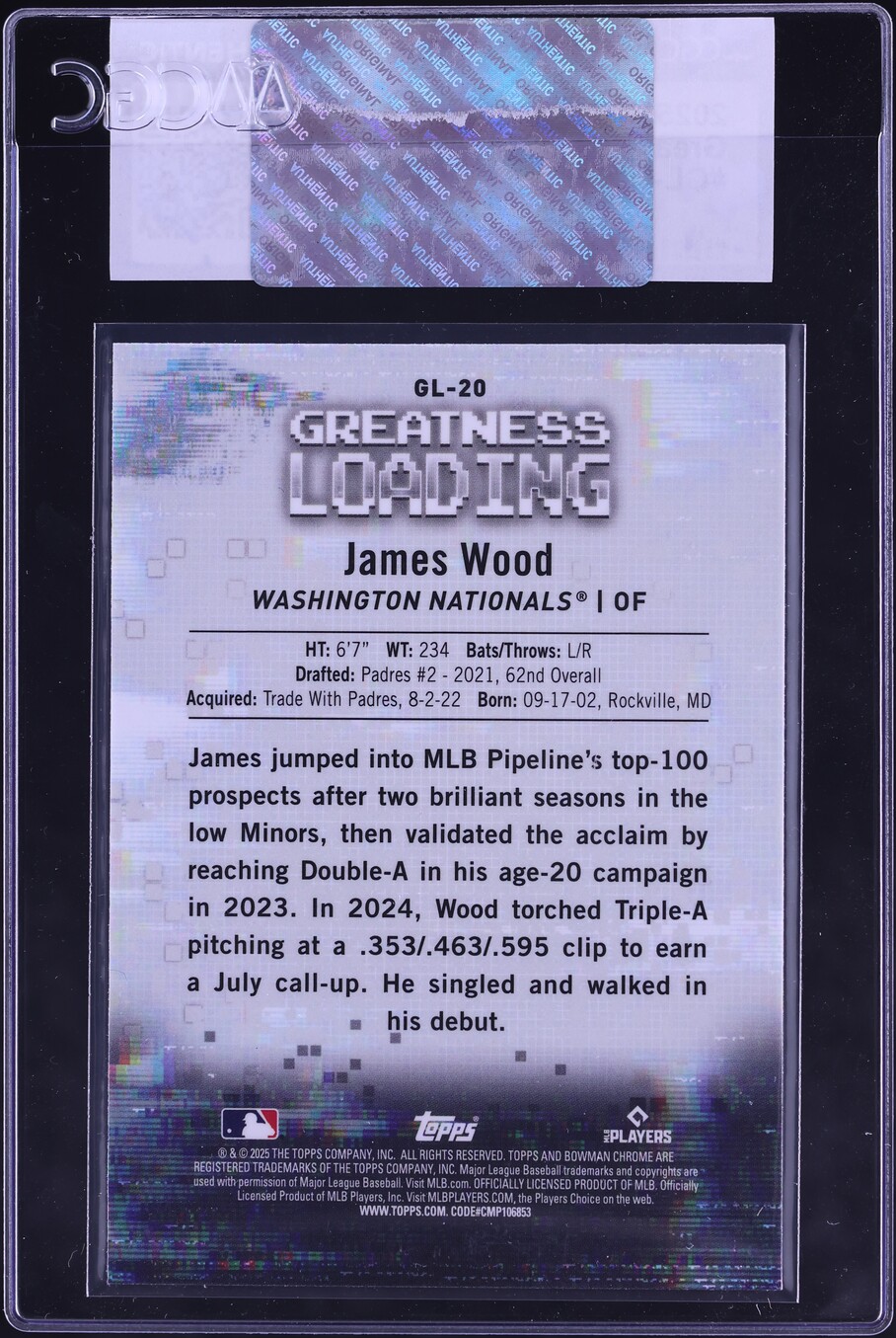 2025 Bowman Chrome Greatness Loading James Wood ROOKIE #GL-20 CGC AUTH