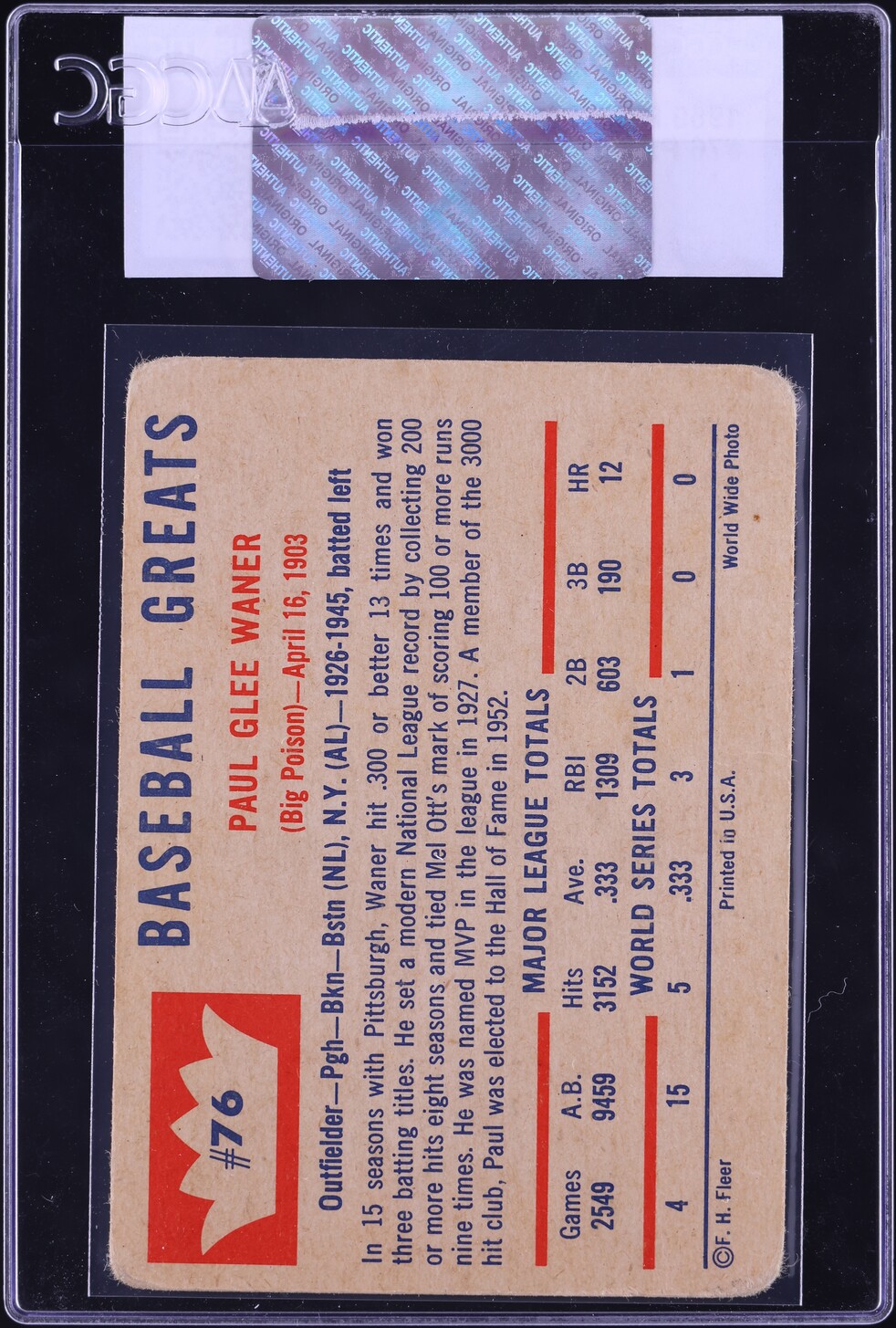 1960 Fleer Paul Waner #76 CGC AUTH