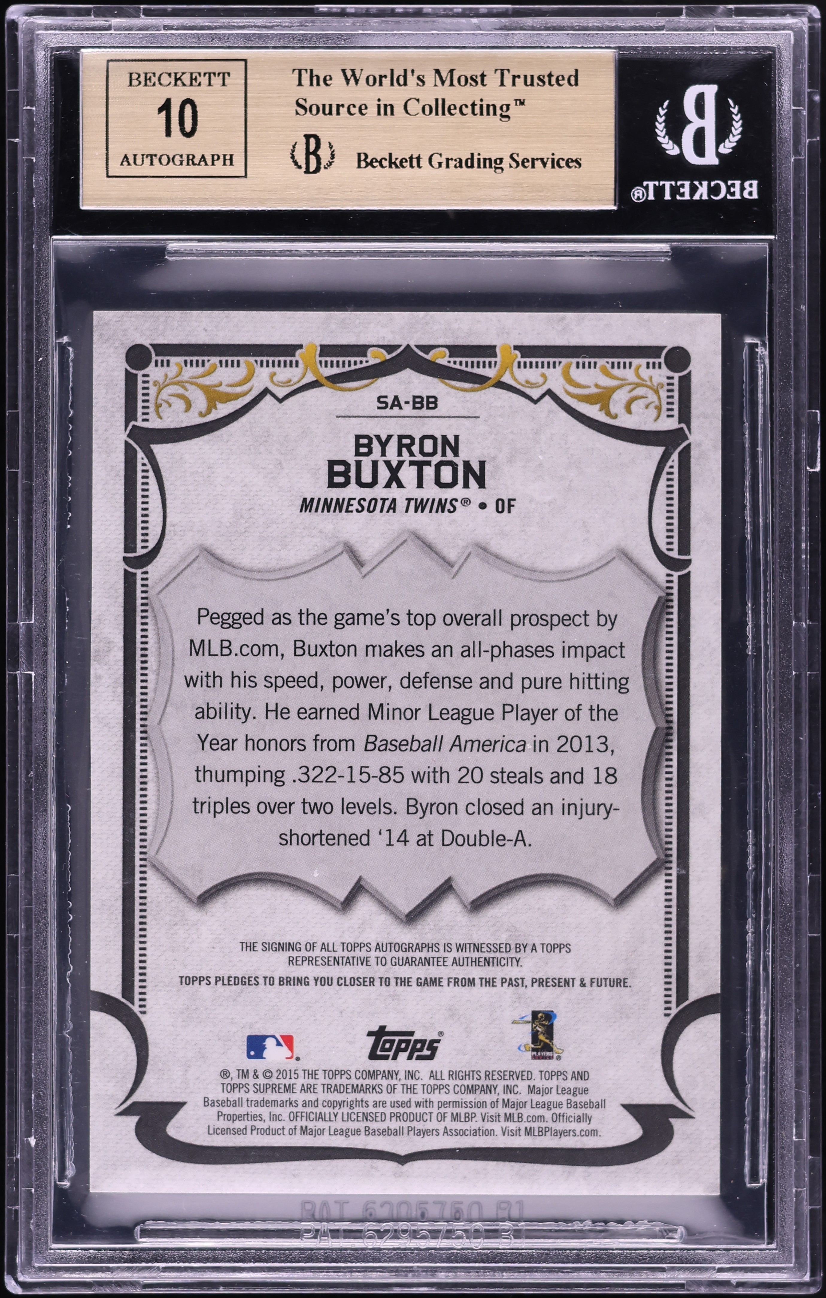 2015 Topps Supreme Byron Buxton ROOKIE AUTO #SA-BB BGS 10 PRISTINE
