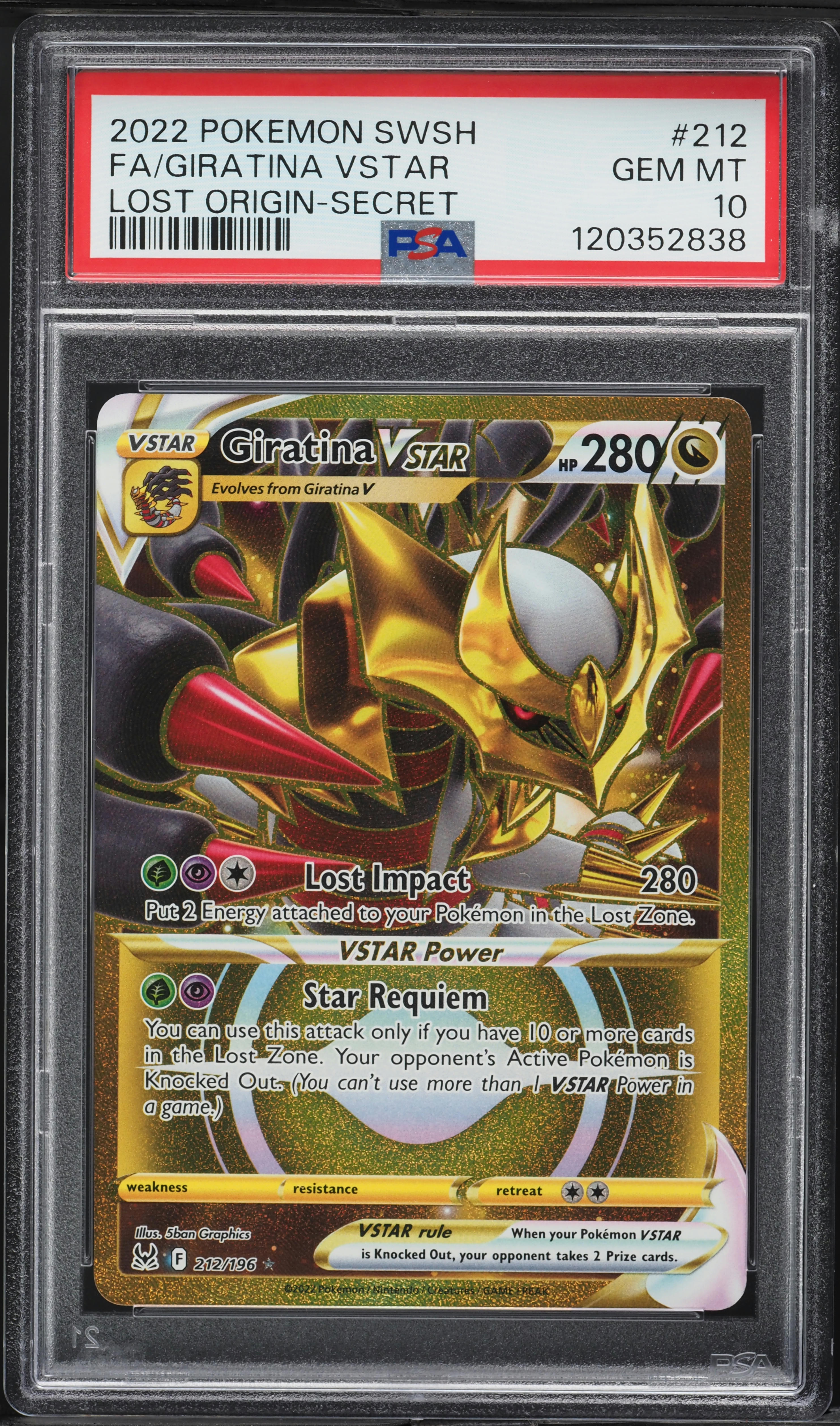 2022 Pokemon SWSH Lost Origin Gold Rare Giratina VSTAR #212 PSA 10