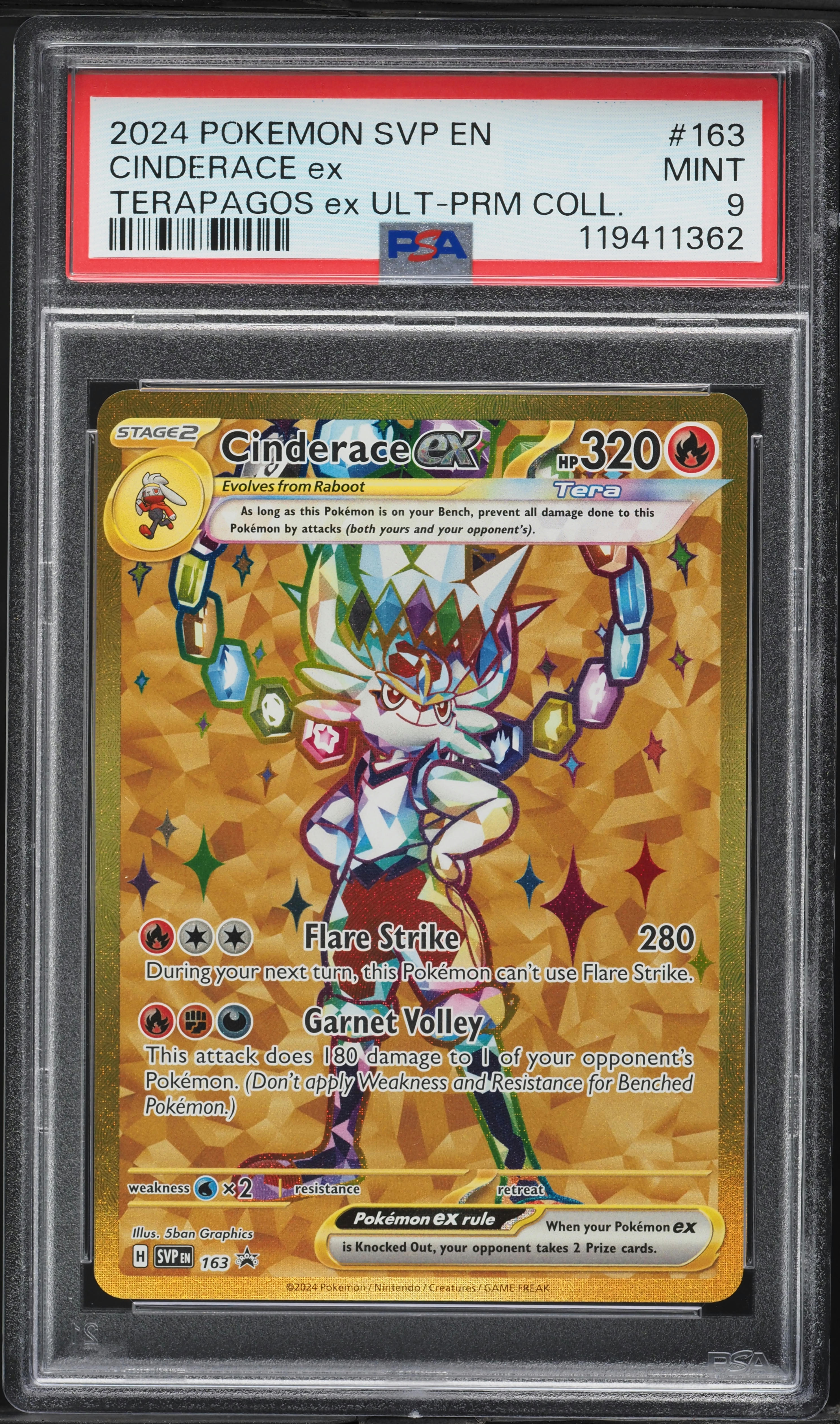 pokemon card cinderace ex 2024 SV Black Star Promo Premium Gold Rare #163 PSA 9 MINT on Fanatics Collect [RCC] Flare Strike (280) During your next turn I yearn for an actual