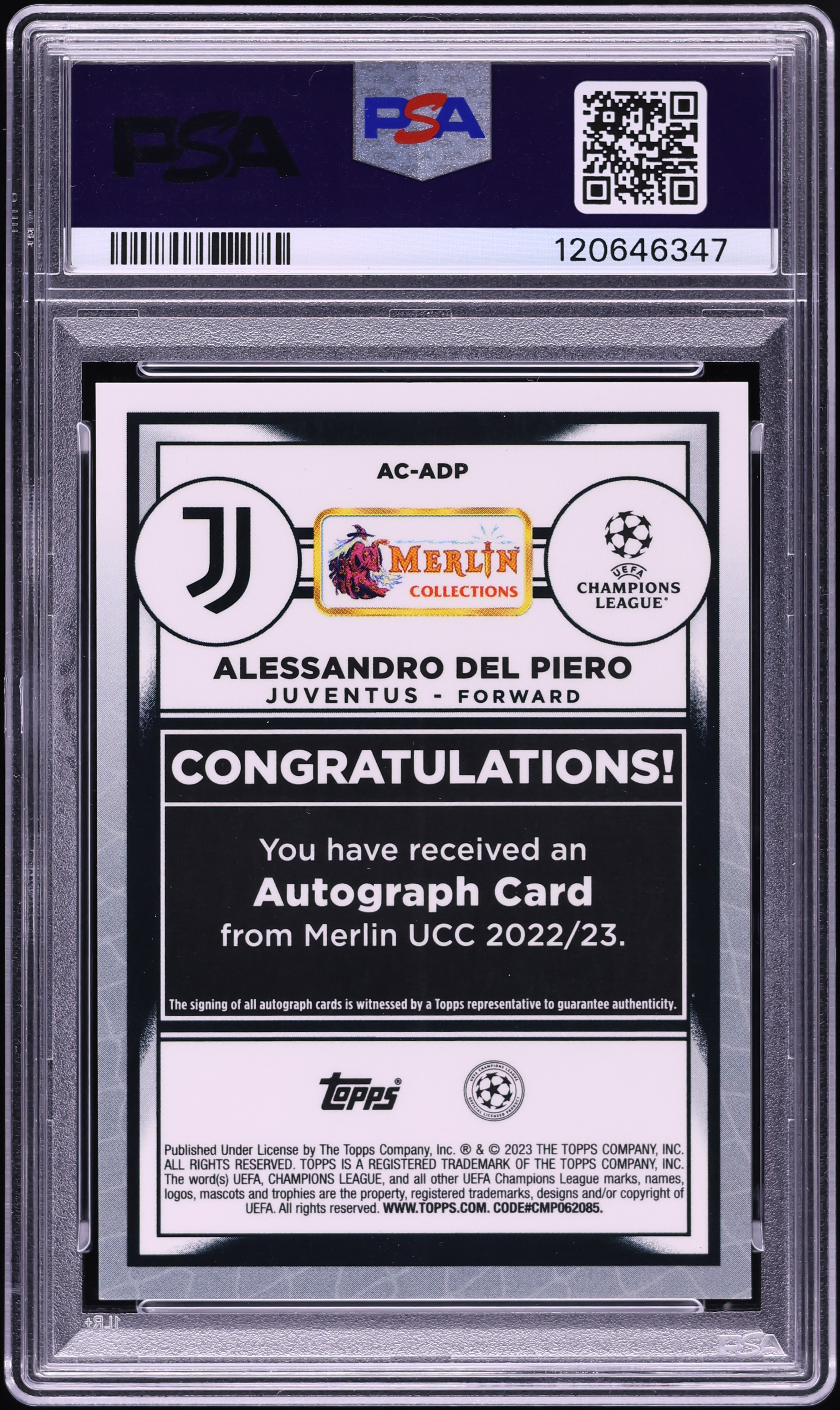 2022 Topps Chrome Merlin UEFA Alessandro Del Piero AUTO PSA 9 MINT