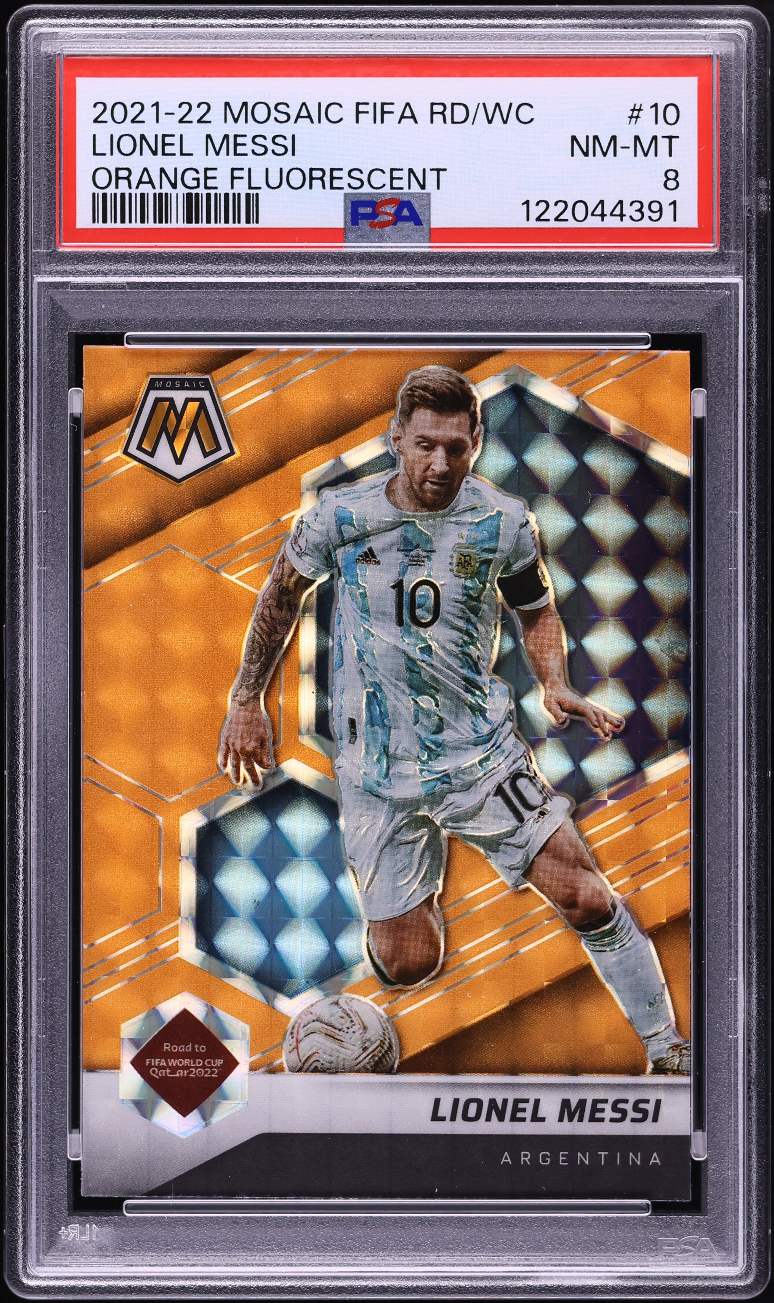 2021 Panini Mosaic FIFA Orange Fluorescent Lionel Messi #10 PSA 8
