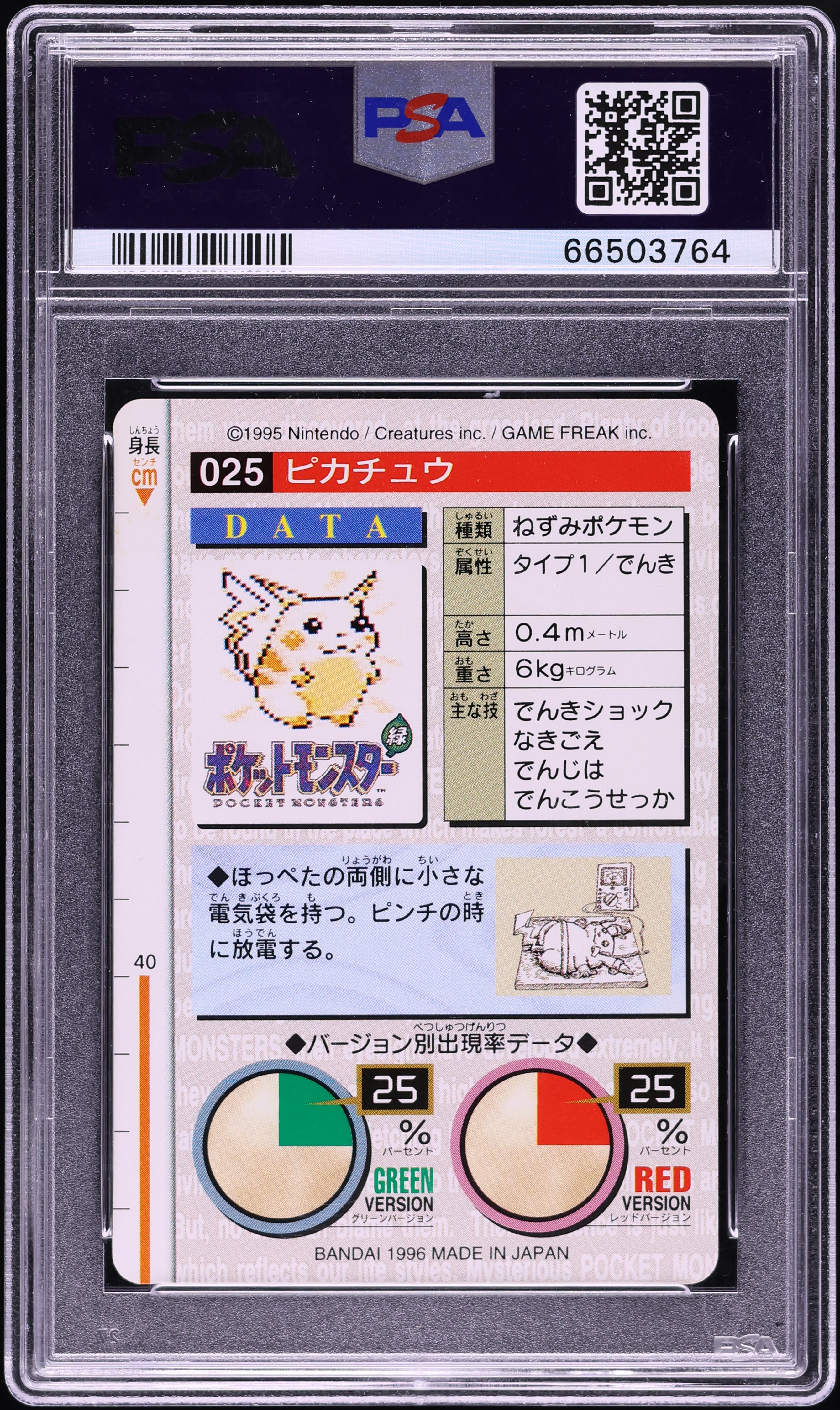 1996 Pokemon Japanese Bandai Carddass Vending Pikachu #25 PSA 10