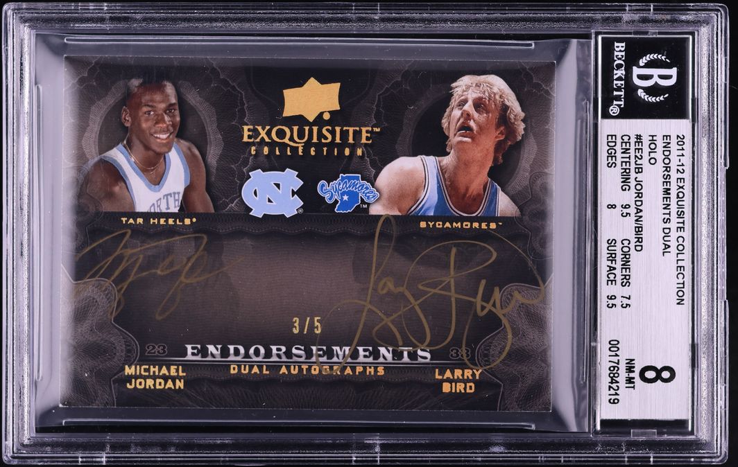 2011 Exquisite Endorsements Holo Michael Jordan Larry Bird AUTO /5 #EE2-JB BGS 8