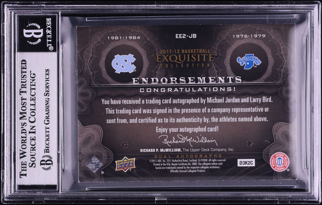 2011 Exquisite Endorsements Holo Michael Jordan Larry Bird AUTO /5 #EE2-JB BGS 8