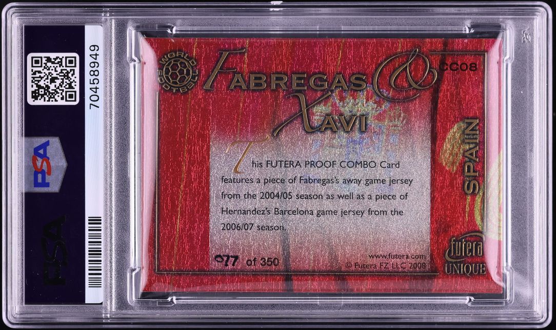 2008 Futera Unique World Country Combos Fabregas Xavi GAME-USED PATCH /350 #CC08 PSA 9 MINT