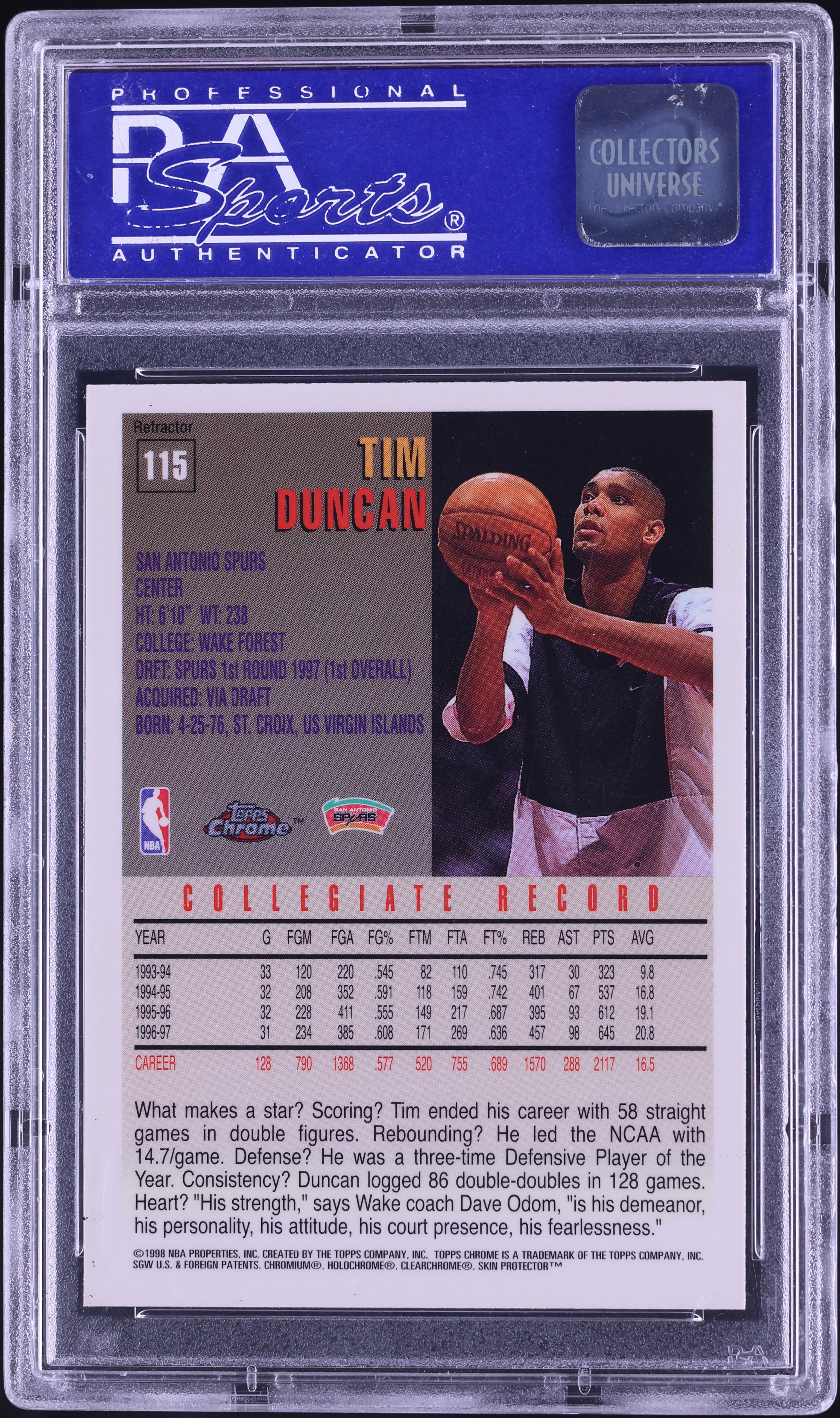 1997 Topps Chrome Refractor Tim Duncan ROOKIE #115 PSA 10 GEM MINT