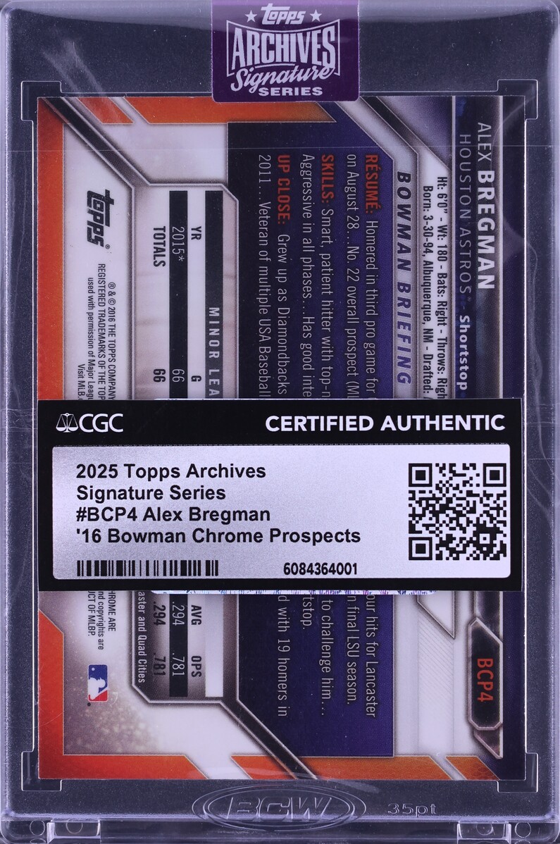 2025 Topps Archives Sig Series '16 Bowman Chrome Alex Bregman AUTO 1/1 CGC AUTH