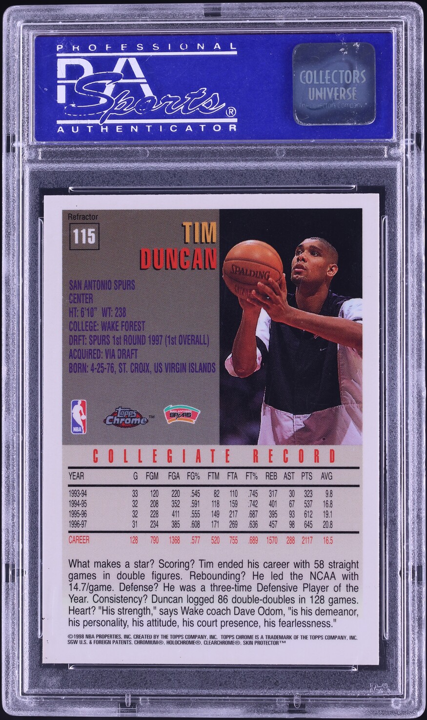 1997 Topps Chrome Refractor Tim Duncan ROOKIE #115 PSA 10 GEM MINT