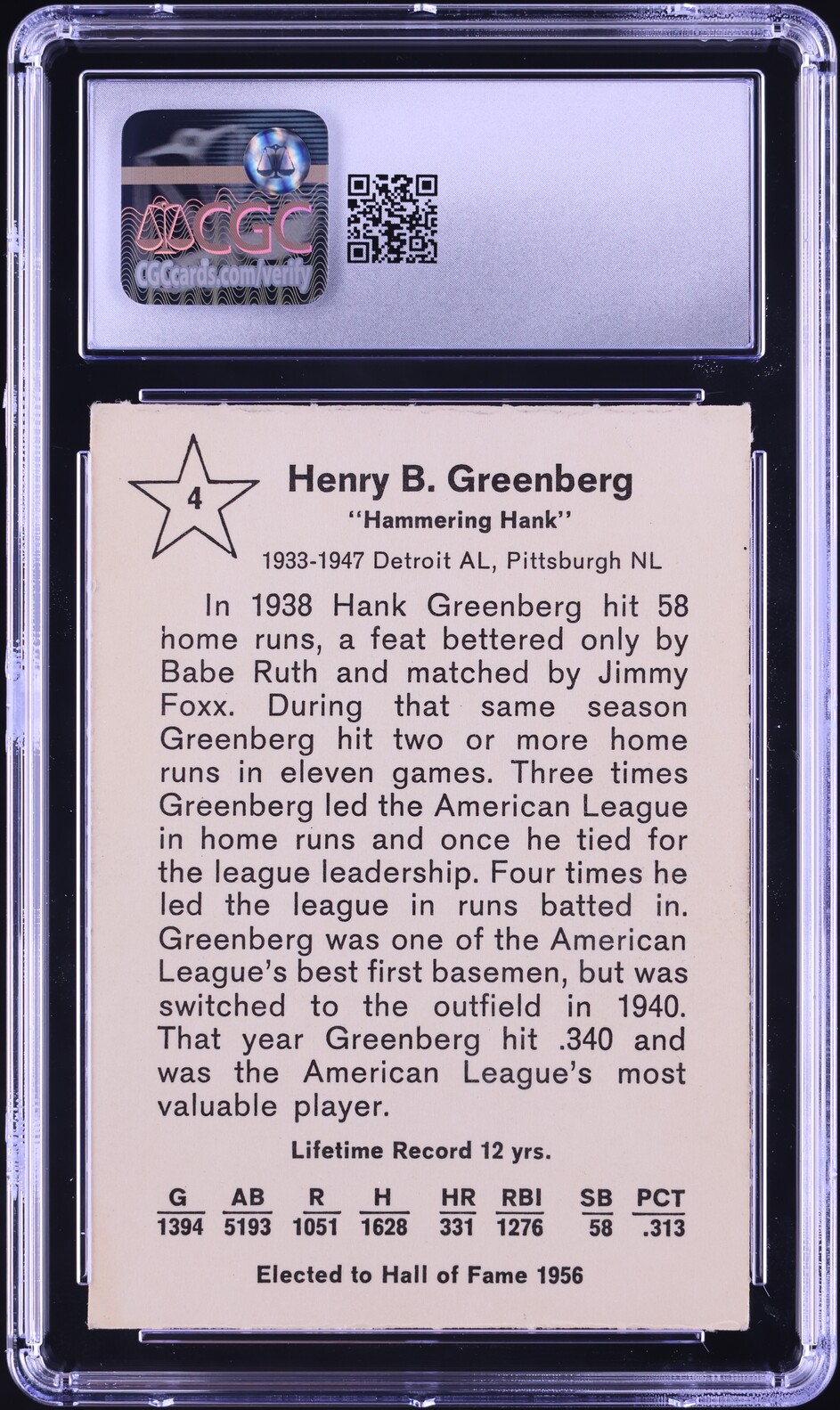 1961 Golden Press Hank Greenberg #4 JSA CGC 7.5 NRMT+