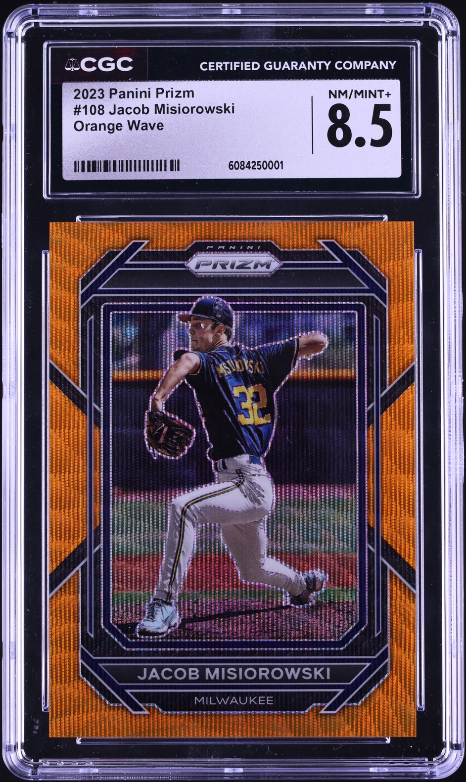 2023 Panini Prizm Orange Wave Jacob Misiorowski ROOKIE /50 #108 CGC 8.5 NM-MT+