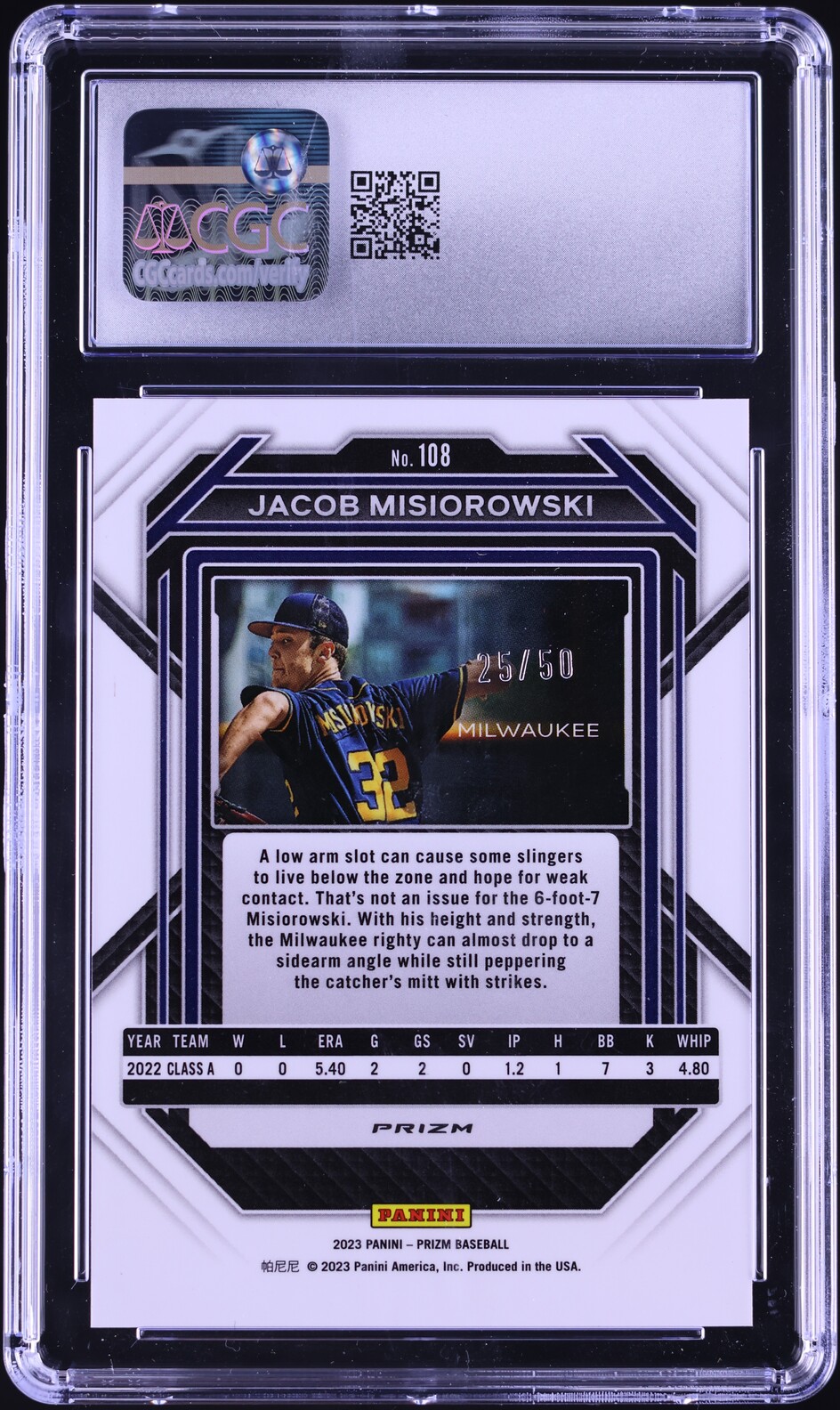 2023 Panini Prizm Orange Wave Jacob Misiorowski ROOKIE /50 #108 CGC 8.5 NM-MT+