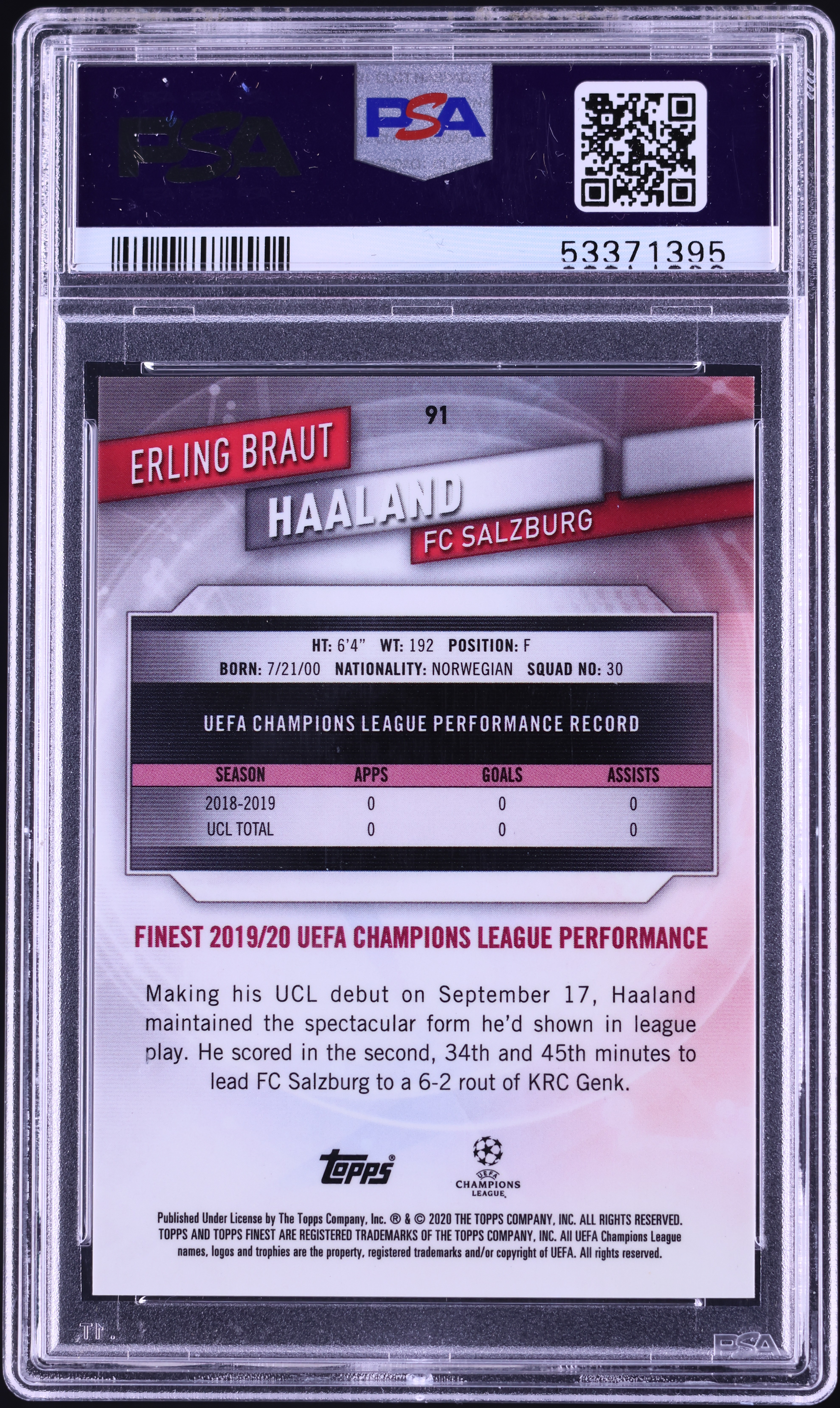 2019 Finest UEFA Gold Refractor Erling Haaland ROOKIE /50 #91 PSA